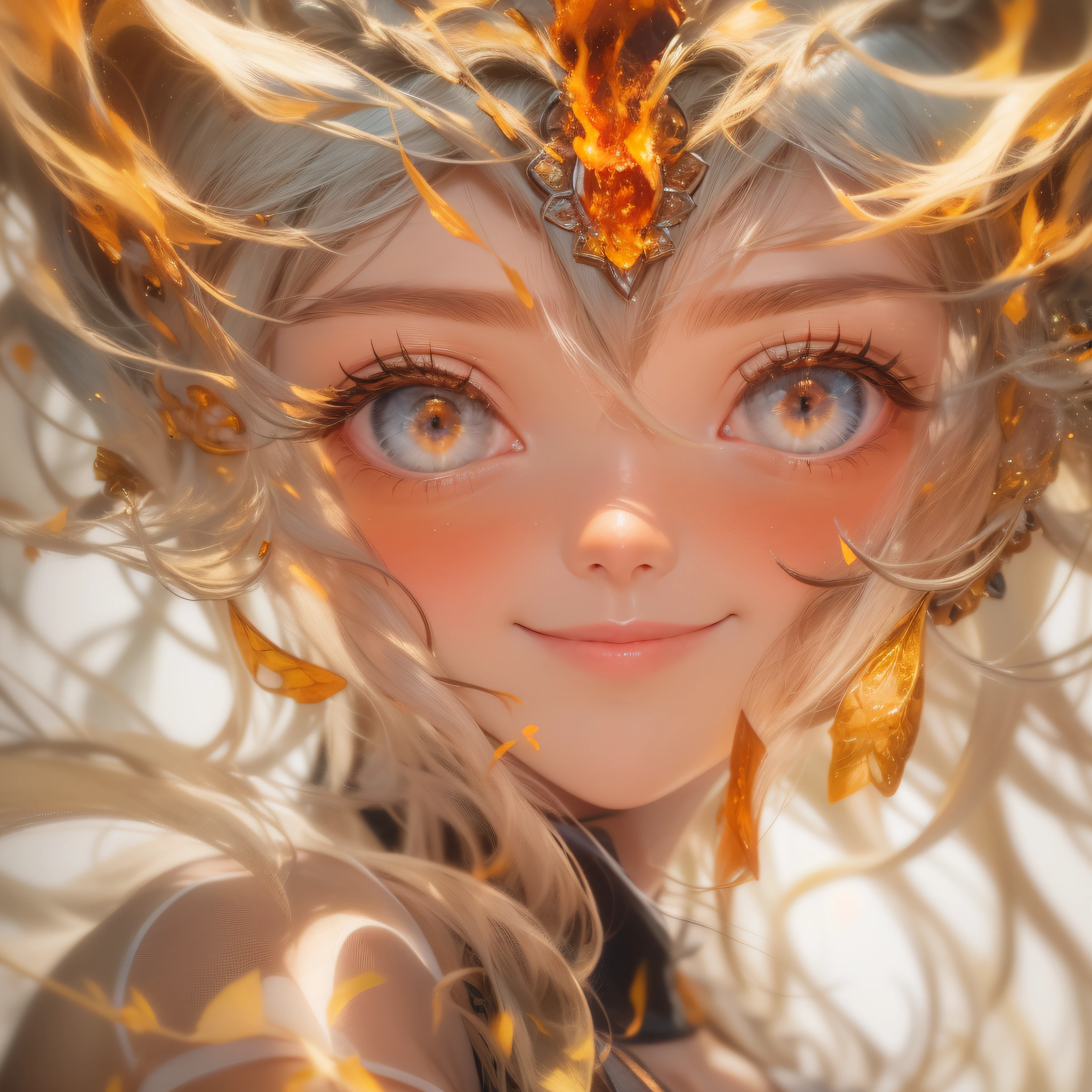 Close up of flame smile with open mouth、(realisitic、hight resolution)、(1 girl in)、Do-Up Eye、Korean Girl、(Best Quality), (masutepiece), (1girl in), Solo, a beauty girl, Perfect face, Big Breast,dreamlikeart、Highly detailed airbrush art((Surreal))、Volumetric lighting、(top-quality)、The ultra-detailliert、(The composition of the movement:1.4)、Highly detailed colorful details、(Bright lighting)、dynamic compositions、Ray traching、The mirror reflects light、Shallow depth of field、ultra-detailliert、mixing exposure、nffsw、Her eyes shine flames、Staring at the fiery sea。Her flame-colored face is、Full of adventure anticipation and courage.、A smile appears on her flame-colored lips。 At the rear、The sun is slowly tilting to the west。Its light brings a flame-colored light to the surface of the sea、The swaying waves create a beautiful scene。Her eyes are clearly glowing with flames。Lots of flame colors