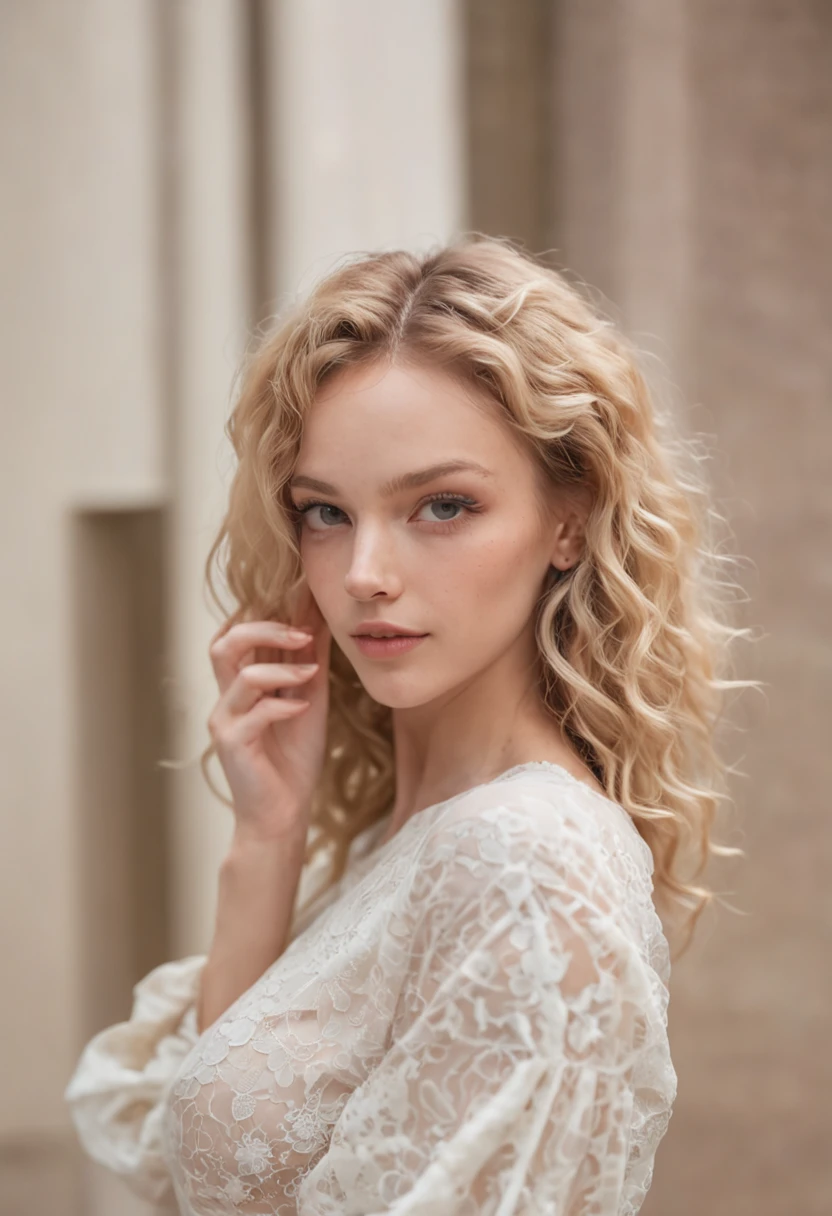 Sexy woman, 20 years old, Slim, sport, Tanned skin, Big breasts, Narrow waist, curly blond hair, Instagram model, Realistic, instagram picture, Photography, リアル, Natural. View of Dubai, Tall hands brush his hair behind his head