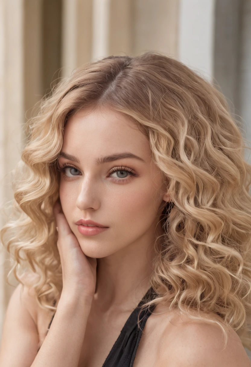 Sexy woman, 20 years old, Slim, sport, Tanned skin, Big breasts, Narrow waist, curly blond hair, Instagram model, Realistic, instagram picture, Photography, リアル, Natural. View of Dubai, Tall hands brush his hair behind his head