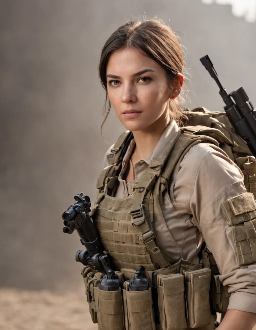 American female soldiers,Just put on a new corporal uniform,Holding an AA12 shotgun,Zombie Doom,There was still blood on his clothes。Wild flowing hair, Tiger tattoo on the arm, bigbreasts, intricately details, 8K resolution(Refer to Valley of the Dead 2,Corporal Garcia)
