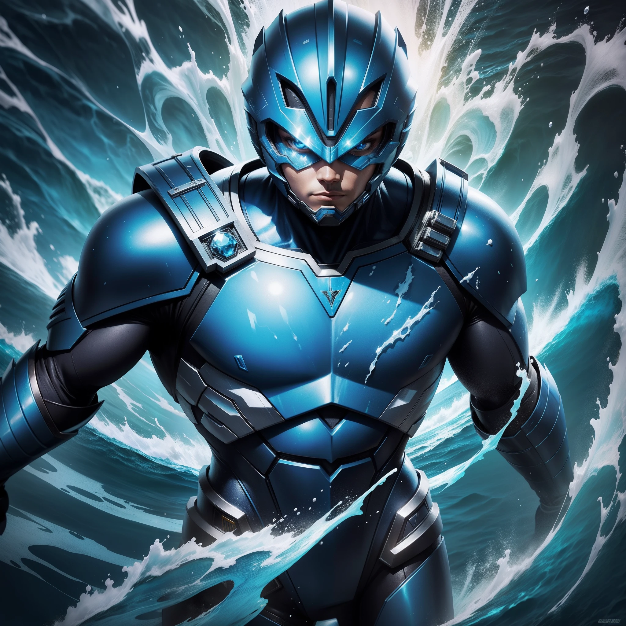 Create a blue power ranger with blue and white details and with water powers and a trident