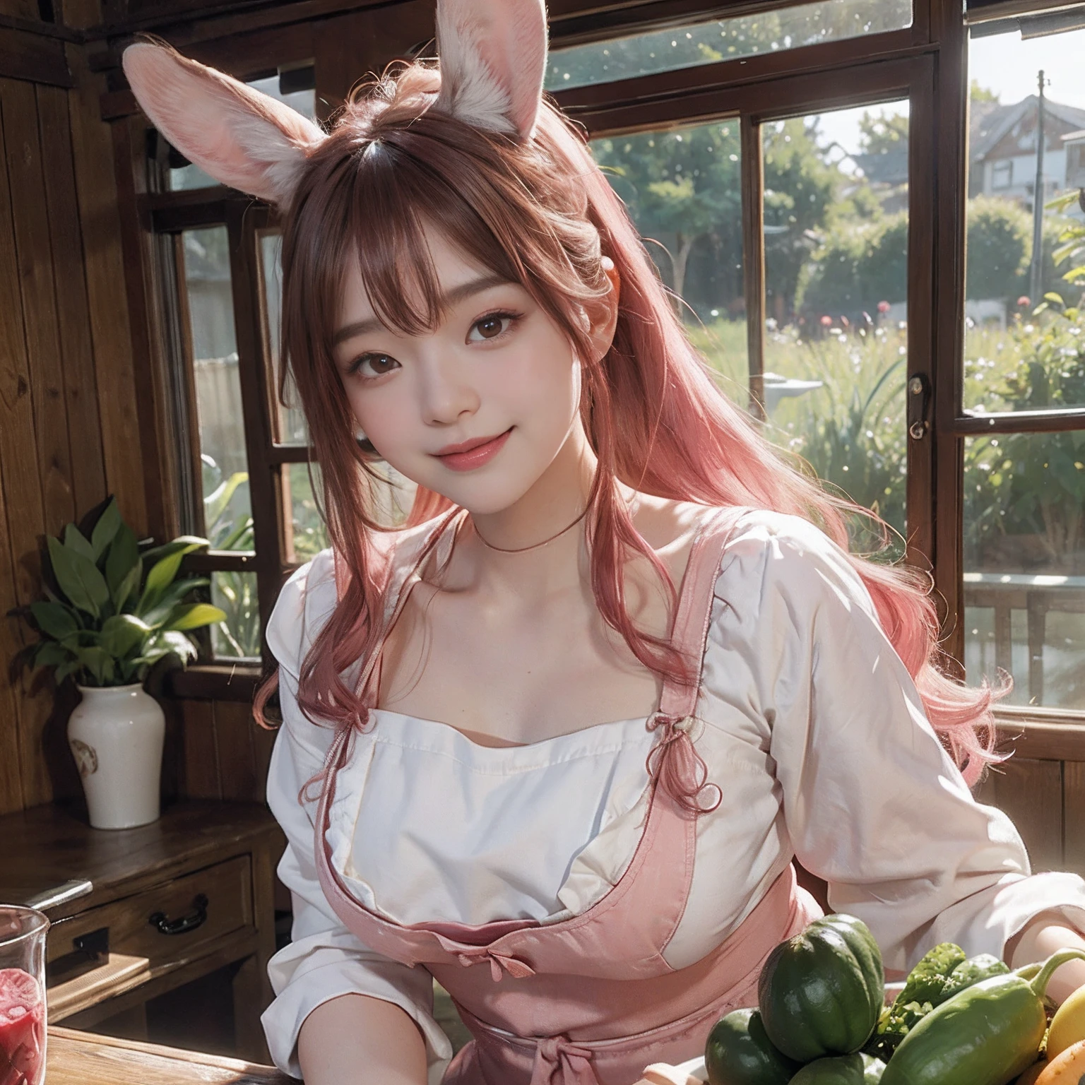 Two women in their 20s, Fantasia、offcial art, unity 8k wall paper, ultra-detailliert, beautifly、Aesthetic, masterpiece, top-quality, Photorealsitic、Rabbit eared clan、A pink-haired、Rabbit ears、Horan Drop、Lop Ear、Lop-eared rabbit:2.0、Flabby ears、Rimless glasses、Bunching hair、frilld、Apron Dresses、Red ribbon at chest、depth of fields, Fantastic atmosphere, Calm palette, tranquil mood, Soft shading、Beautiful Landscapes、bbw、very large breast、plump figure、Harvesting vegetables、Name tag on left chest、Rabbit herd、Happy smile、A smile with a small leaf、Large vegetable garden
