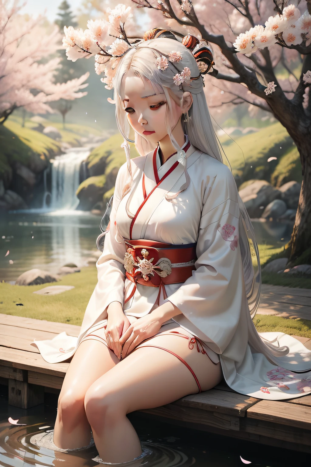 Woman with a sword sitting under a tree, long, flowing hair and long robes, inspired by Sōami, inspirado em Otake Chikuha, sakura petals around her, palace ， Uma menina em Hanfu, inspirado em Fu Baoshi, illustration!, inspired by Lü Ji, inspirado em Yun Du-seo, Arte conceitual tradicional japonesa, flowing white robes