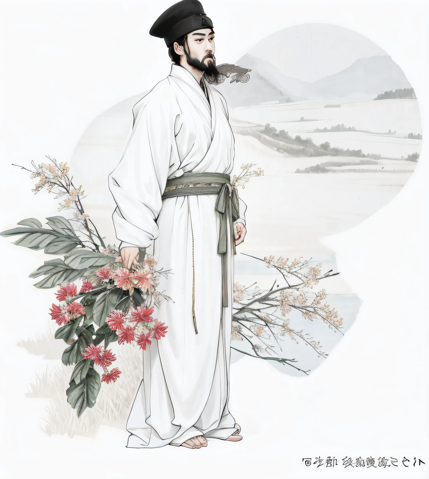 Image of a man in a white robe and hat and shoes standing with Alafford in a field, inspired by Wu Daozi, Inspired by Yan Shu, Wearing ancient Chinese clothes, inspired by Shen Shichong, inspired by Qian Du, Chinese painting style