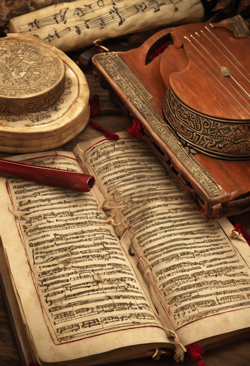 Images of ancient manuscripts, traditional instruments, and poets composing