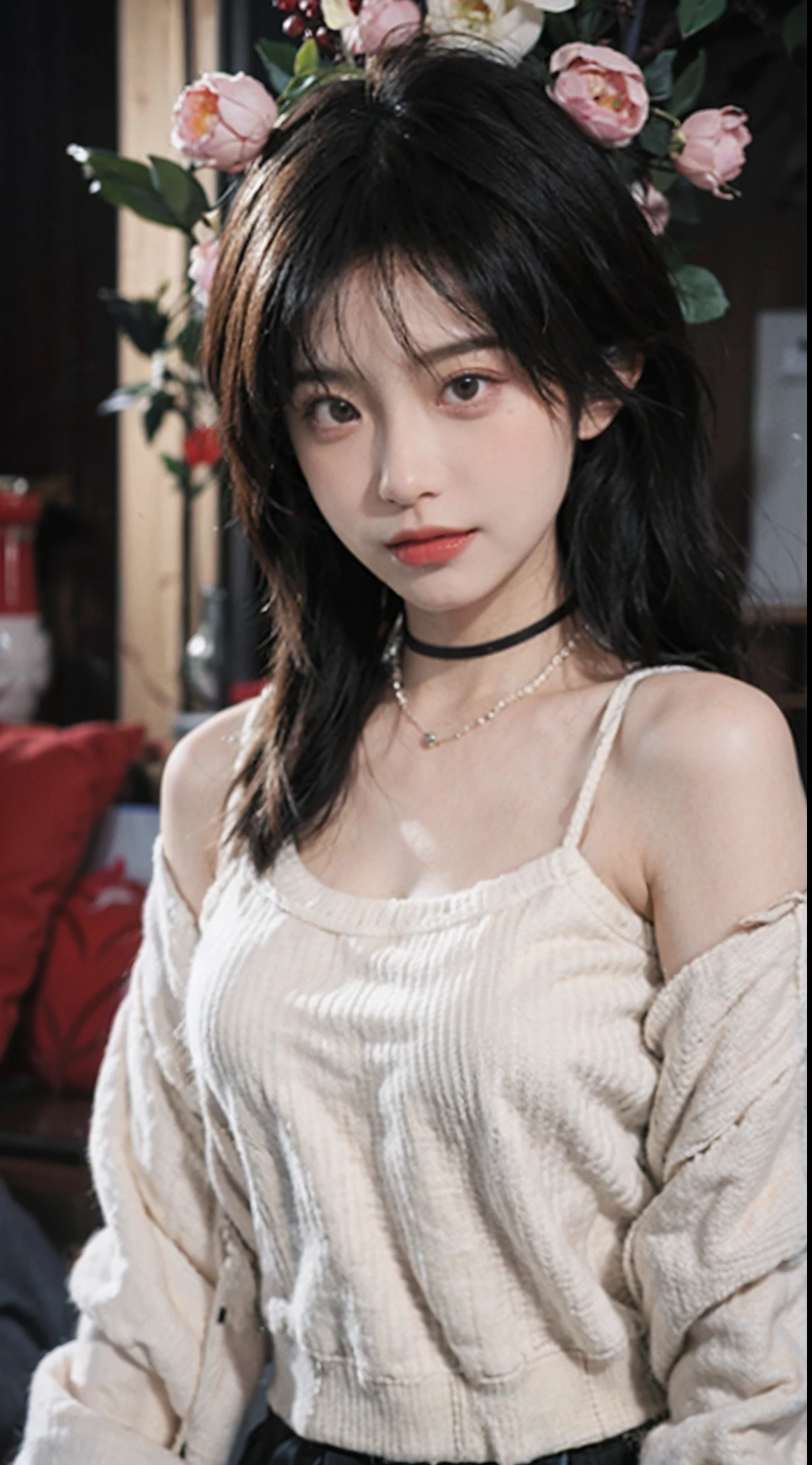 best qualtiy, 超高分辨率, (realisticlying:1.4),Baoyu Girl,1girll, with long coiled hair,Blushlush,Looking into the distance,nedium breasts,Cropped red sweater,a sense of atmosphere,Beautiful woman with a slim figure:1.4, Abs,Ultra-fine face,Elaborate Eyes,二重まぶた,choker necklace