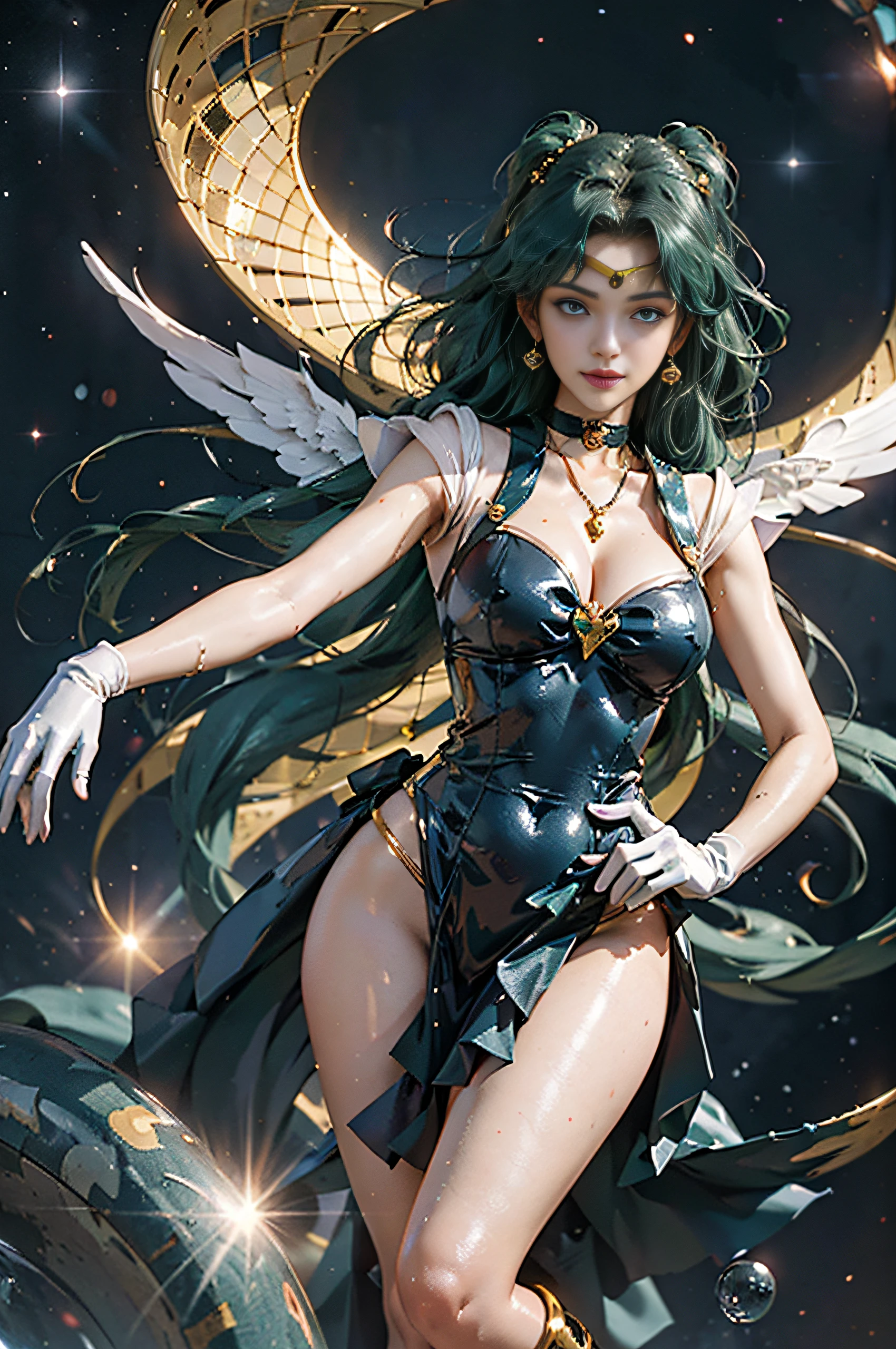 Full: 1.3, stand, masterpiece, 3D, realistic, ultra micro photography, top quality, ultra detailed CG Unity 8K wallpaper, from below, intricate details, (1 woman), 28 years old, (sailor neptune:1.4,sailor senshi uniform:1.3,meishaonv),Long wavy dark green hair,Fluttering in the wind,(White leotard:1.4、Luxurious gold decoration,Luxurious golden tiara on forehead: 1.2, Bare upper arms: 1.2, Long white latex gloves with luxurious gold decoration: 1.2, Very thin and fitting high-gloss silver holographic leather: 1.3,Bold and sexy silver slender high-leg gravette swimsuit: 1.2, Gold brooch with huge metallic dark blue ribbon on chest: 1.3,Sexy pre-gate mini skirt: 1.1, pre-gate mini skirt,dark green gloves on elbows,),(large breasts:1.4、slender and muscular,muscular abs,very small face,sexy and dynamic model pose,tall and perfect proportions, sexy and long legs, Muscular thighs,big buttocks,), (very large bow on the buttocks: 1.3, choker, cleavage, sexily boldly large, gold ring-shaped earrings, high heels with shiny strings with luxurious gold decoration),
((seductive smile, very pretty face, face details: 1.5, bright blue eyes, beautiful face, beautiful eyes, shiny eyes, thin lips: 1.3, thin and sharp pale eyebrows, long dark eyelashes, double eyelashes)), (gorgeous huge white wings), visible pores, Perfect hands: 1.5, very dramatic images, octane rendering, strong natural light, sunlight, exquisite lighting and shadows, dynamic angles, ( Neptune, deep sea space background, sea divinity, dynamic wave background, splash, water bubbles, moonlight, moon, dynamic background, detailed background,), DSLR harp, focus: 1.0, maximum clarity and sharpness,