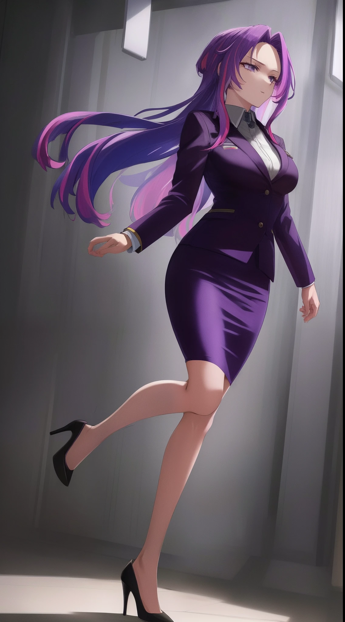 scan, (extremely detailed CG unity 8k wallpaper:1.1), highres, (1girl), lady nagant, boku no hero academia, (purple hair), (multicolored hair), (purple eyes), business suit, blazer, pencil skirt, high heels, full body, breasts