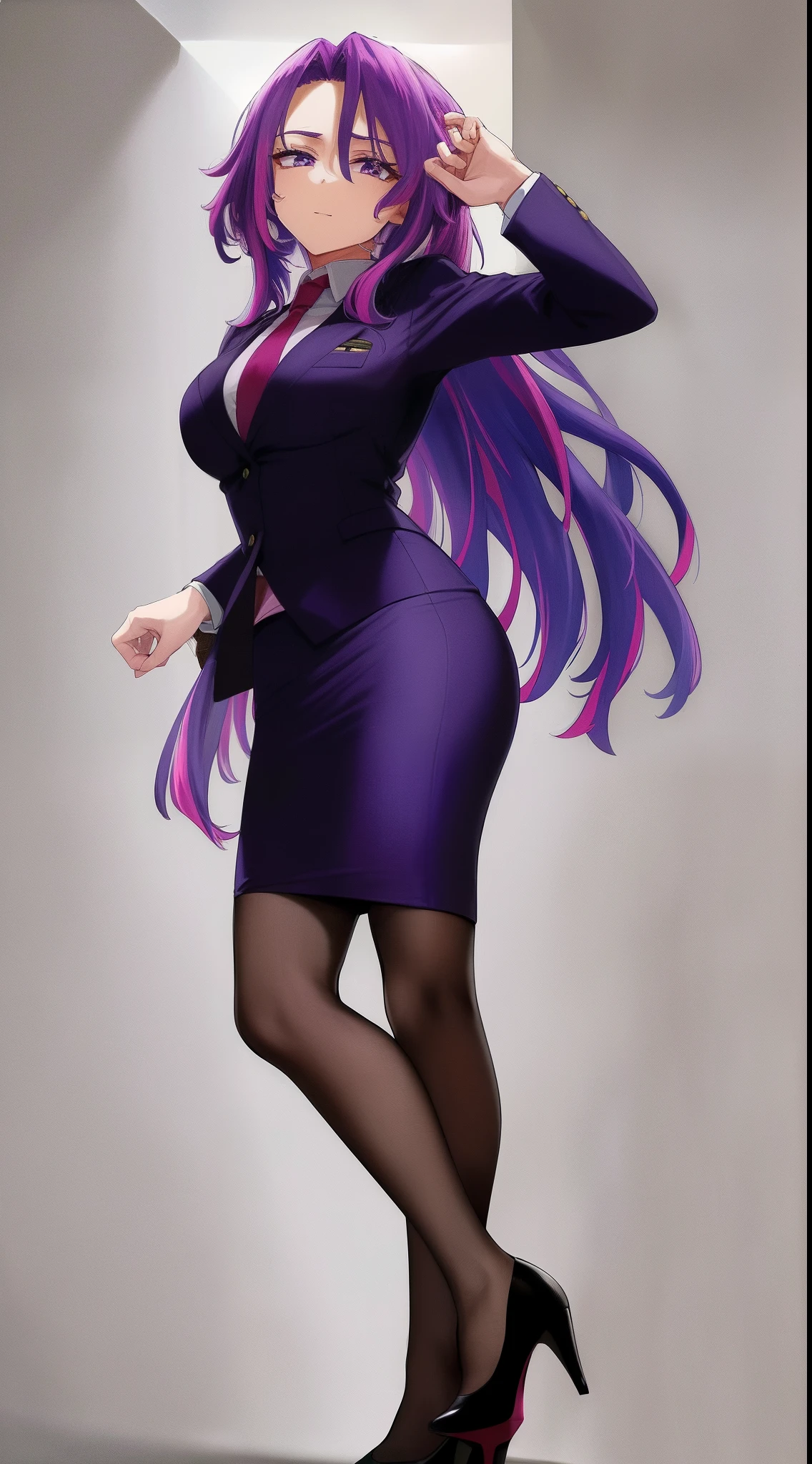 scan, (extremely detailed CG unity 8k wallpaper:1.1), highres, (1girl), lady nagant, boku no hero academia, (purple hair), (multicolored hair), (purple eyes), business suit, blazer, pencil skirt, high heels, full body, breasts