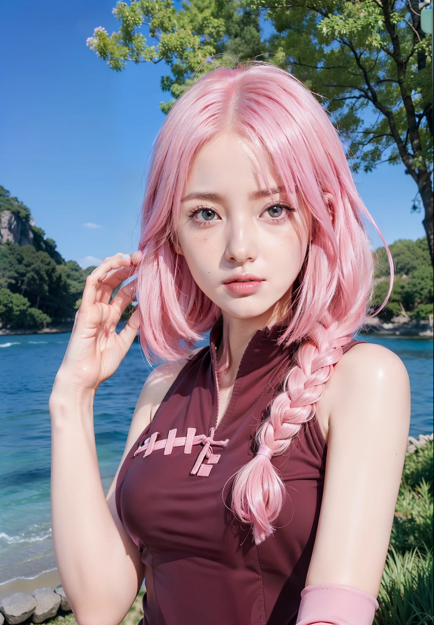 Real life adaption of this character,her name is sakura haruno from anime boruto,(korean teen beauty face),realistic detailed pink hair style ,realistic detailed green eyes,Realistic pink outfit,Hair holding pose,hyper realistic,(photorealistic:1.2),realistic shadow,realistic light,realistic background,realistic skin