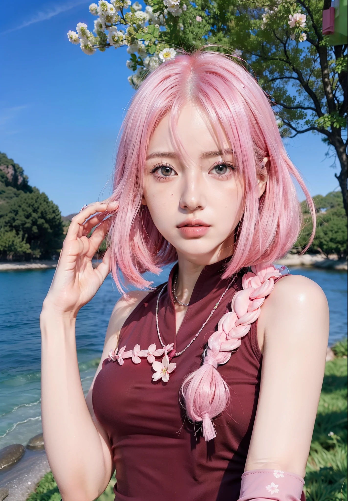 Real life adaption of this character,her name is sakura haruno from anime boruto,(korean teen beauty face),realistic detailed pink hair style ,realistic detailed green eyes,(Realistic light red outfit with same pattern,wearing Flower shaped necklace),Hair holding pose,hyper realistic,(photorealistic:1.2),realistic shadow,realistic light,realistic background,realistic skin