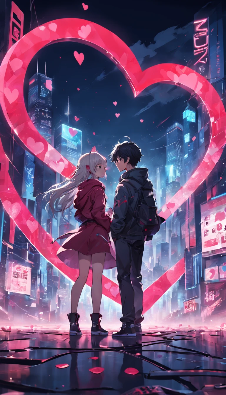 Design a simple Valentine's Day design with the word love, Transparent background, Love element,Heart-shaped composition,A boy and a girl get entangled,modern fashion outfit,Simple cyberpunk city as a backdrop,