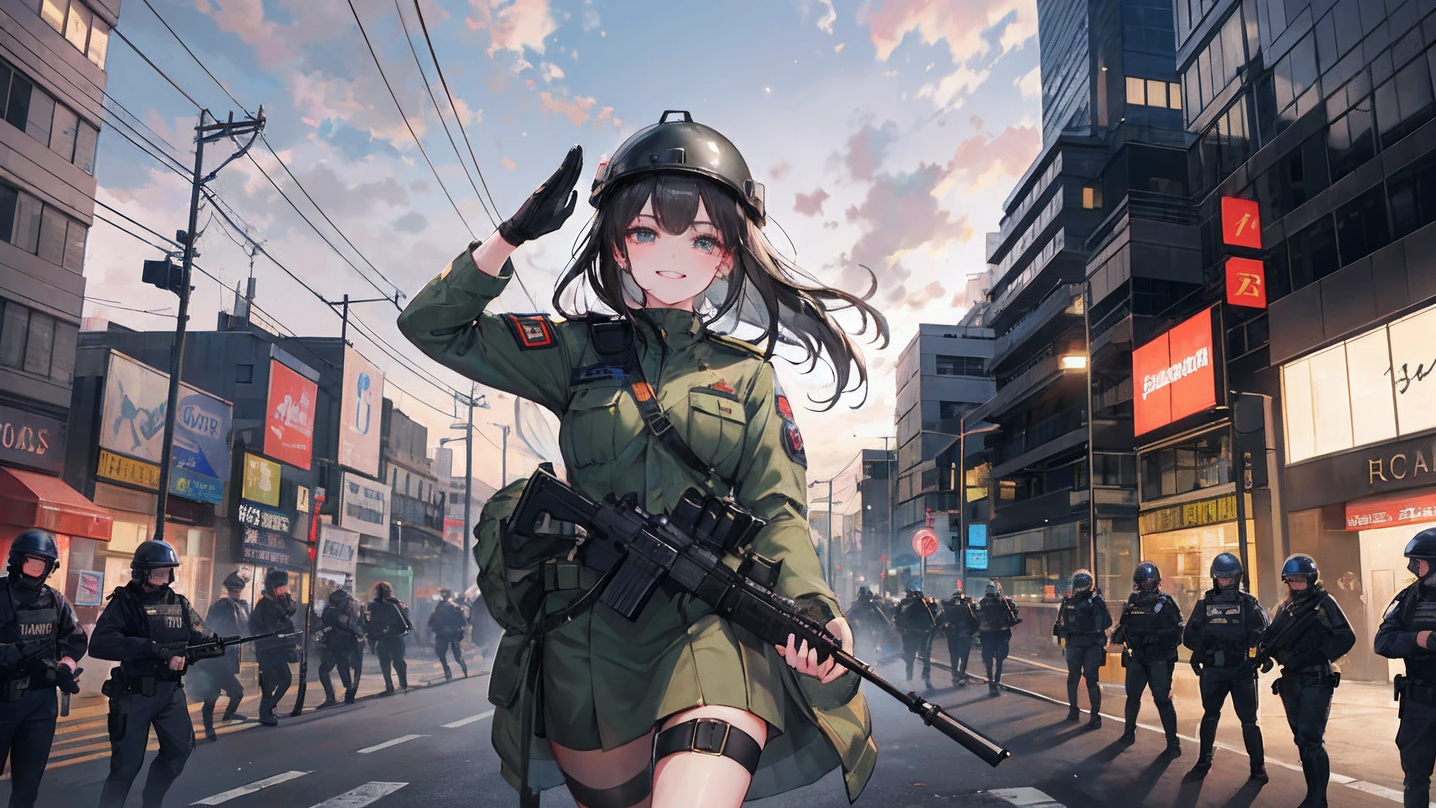 A girl in a green military uniform，grinning smile，Shy，Warm street lights，down town，Superskirt，Saluting，Wear a steel helmet，The steel helmet has a solid red five-pointed star，Long legs are exposed，Shooting stars dart across the sky，Riot police confront the crowd behind them，SWAT officers all wear face coverings，The girl's hair is black，The Milky Way is in the sky，A rifle hangs horizontally from the girl's chest，Some of the SWAT officers were armed with rifles, others with blast-proof shields and batons