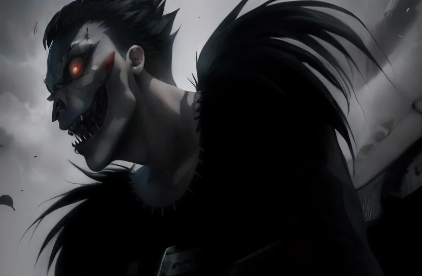 semirrealistic style, semi realista, realismo, um close up de uma pessoa com um cabelo muito longo, Shinigami, inspirado em Sugimura Jihei, Yagami Luz, Nota de falecimento, Estilo Death Note, Ichigo, Obra-prima do anime, Ken Kaneki, Yagami Luz, kaneki ken, Ichigo Kurosaki, sorrindo sinistramente, Escuro!!!, Shinji, por Shingei