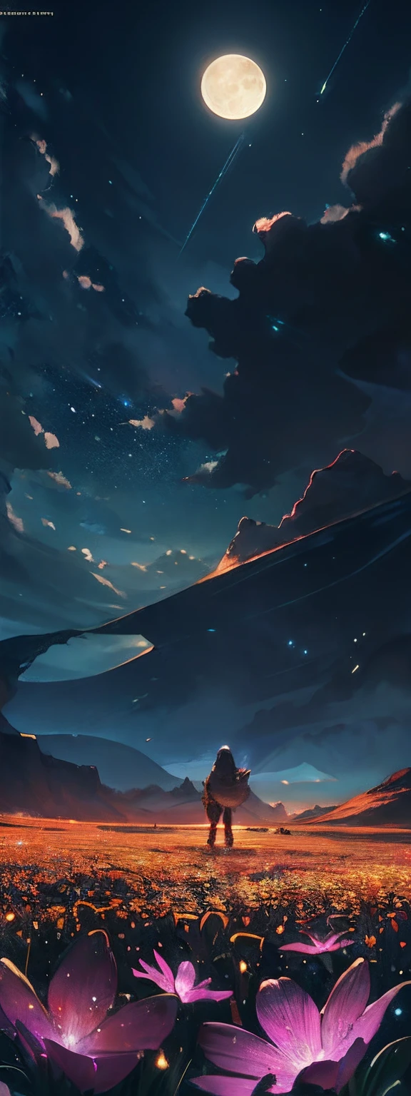 expansive landscape photograph , (a view from below that shows sky above and open field below), a girl standing on flower field looking up, (full moon:1.2), ( shooting stars:0.9), (nebula:1.3), distant mountain, tree BREAK
production art, (warm light source:1.2), (Firefly:1.2), lamp, lot of purple and orange, intricate details, volumetric lighting, realism BREAK
(masterpiece:1.2), (best quality), 4k, ultra-detailed, (dynamic composition:1.4), highly detailed, colorful details,( iridescent colors:1.2), (glowing lighting, atmospheric lighting), dreamy, magical, (solo:1.2)