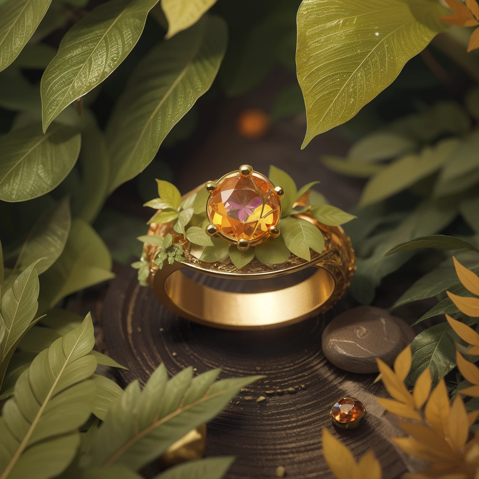 Product image of a ring, gold ring with orange stones on it, masterpiece, (very detailed CG unity 8k wallpaper), (best quality), (best illustration), (best shadow), background is Forest theme with natural elements, flowers, warm tones, surrounded by delicate leaves and branches, sunlight, (natural elements), (jungle theme), (leaves), vines, butterflies, (delicate leaves), (particles Effects), Isometric 3D, Octane Rendering, Ray Tracing, Super Detailed --v6