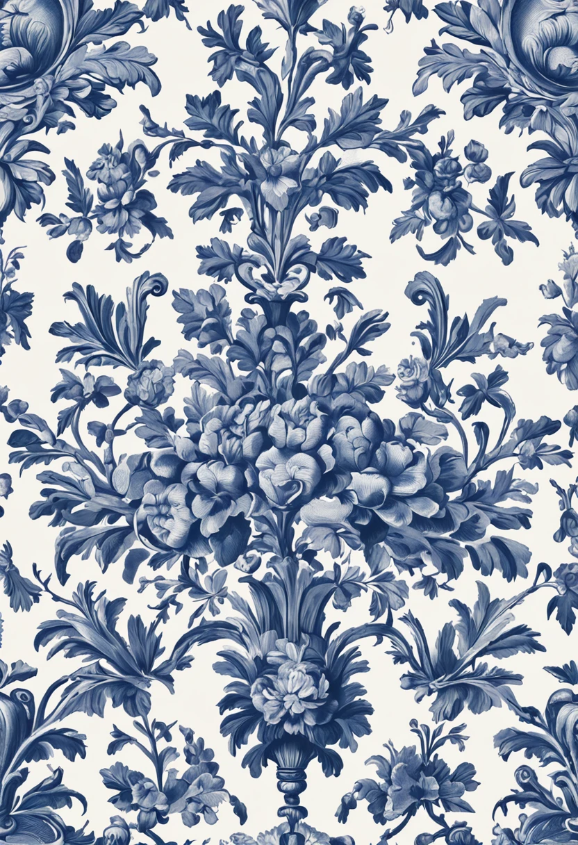 a blue and white floral pattern with a floral design, Classic ornamental design, Baroque painting scenery, Design persa, inspirado em William Dobson, floral ornamentado, Rococo Details, chinoiserie pattern, Symmetrical Baroque painting, ornamento floral elaborado, ornate pattern, Sergey Vasnev, detalhes meticulosos, rendas florais, intricate rococo ornamentation
