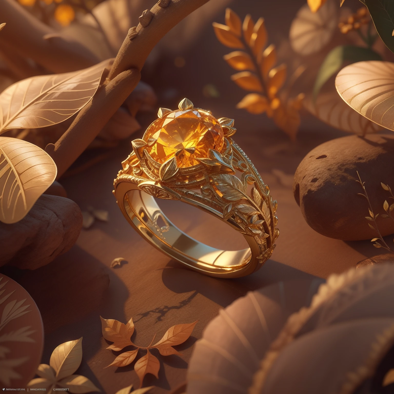 Product image of a ring, gold ring with orange stones on it, masterpiece, (very detailed CG unity 8k wallpaper), (best quality), (best illustration), (best shadow), background is Forest theme with natural elements, flowers, warm tones, surrounded by delicate leaves and branches, sunlight, (natural elements), (jungle theme), (leaves), vines, butterflies, (delicate leaves), (particles Effects), Isometric 3D, Octane Rendering, Ray Tracing, Super Detailed --v6