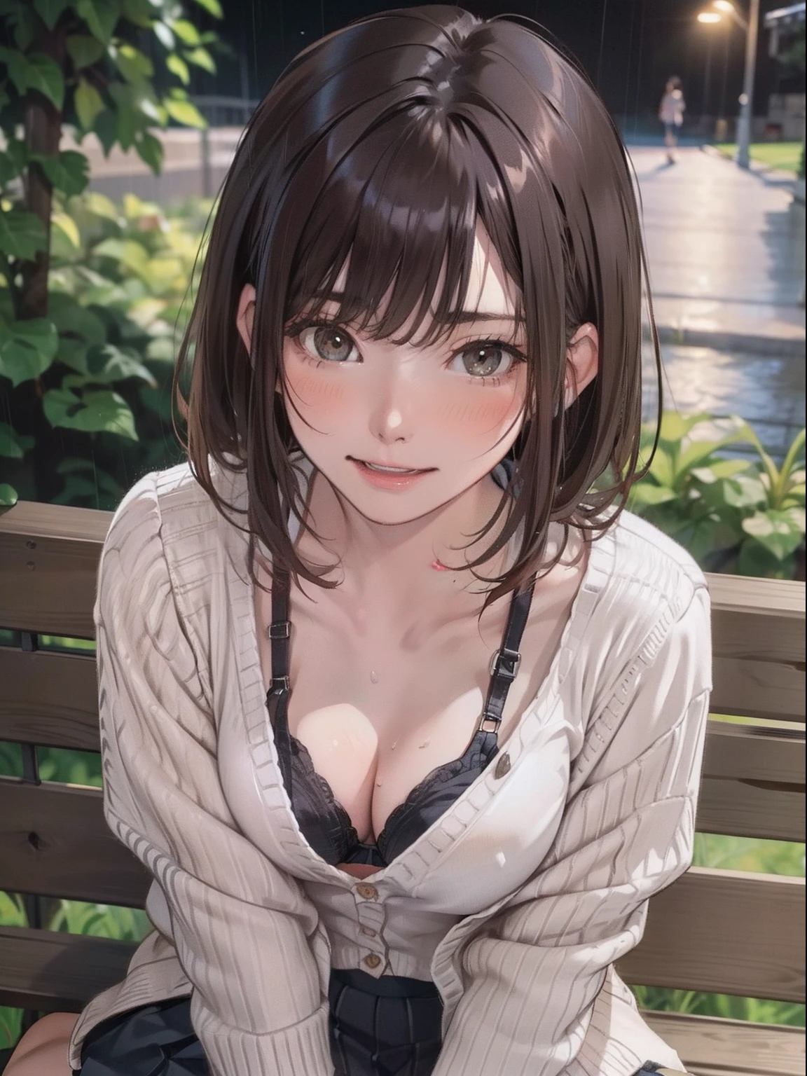 (masterpiece), (best quality), (ultra detailed), 1girl, sexy pose, blush, ((open casual cardigan:1.2)), happy, looking at viewer, large hair, brown hair, in the night park with trees,bench, shy ,sitting on ground, ((solo)) ,worry, blush, naughty,from below,slim body,(shiny skin, wet skin:0.8), sweating, rainy,side, from front, from above,long wet hear, ((show off panties)), ((show off bra)), ((skirt)),