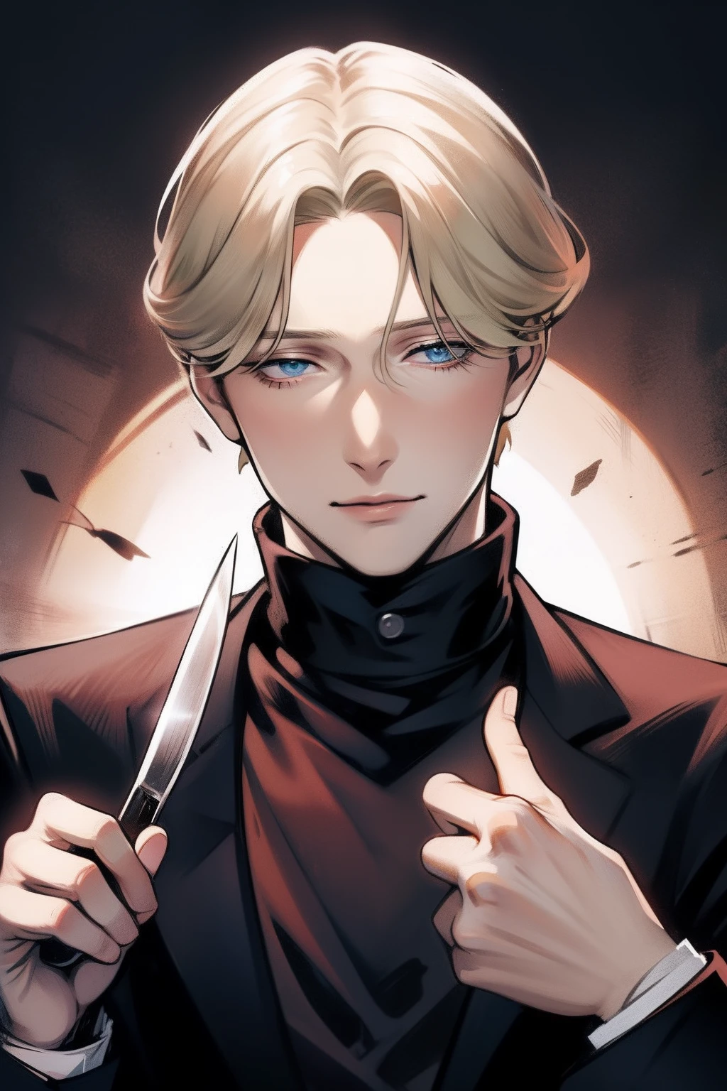 johan liebert, solo boy, knife on hand, wearing black sweather, knife on hand with blood, bloody face, blood on hands, gore, bloody, blood dripping, abuse, angst