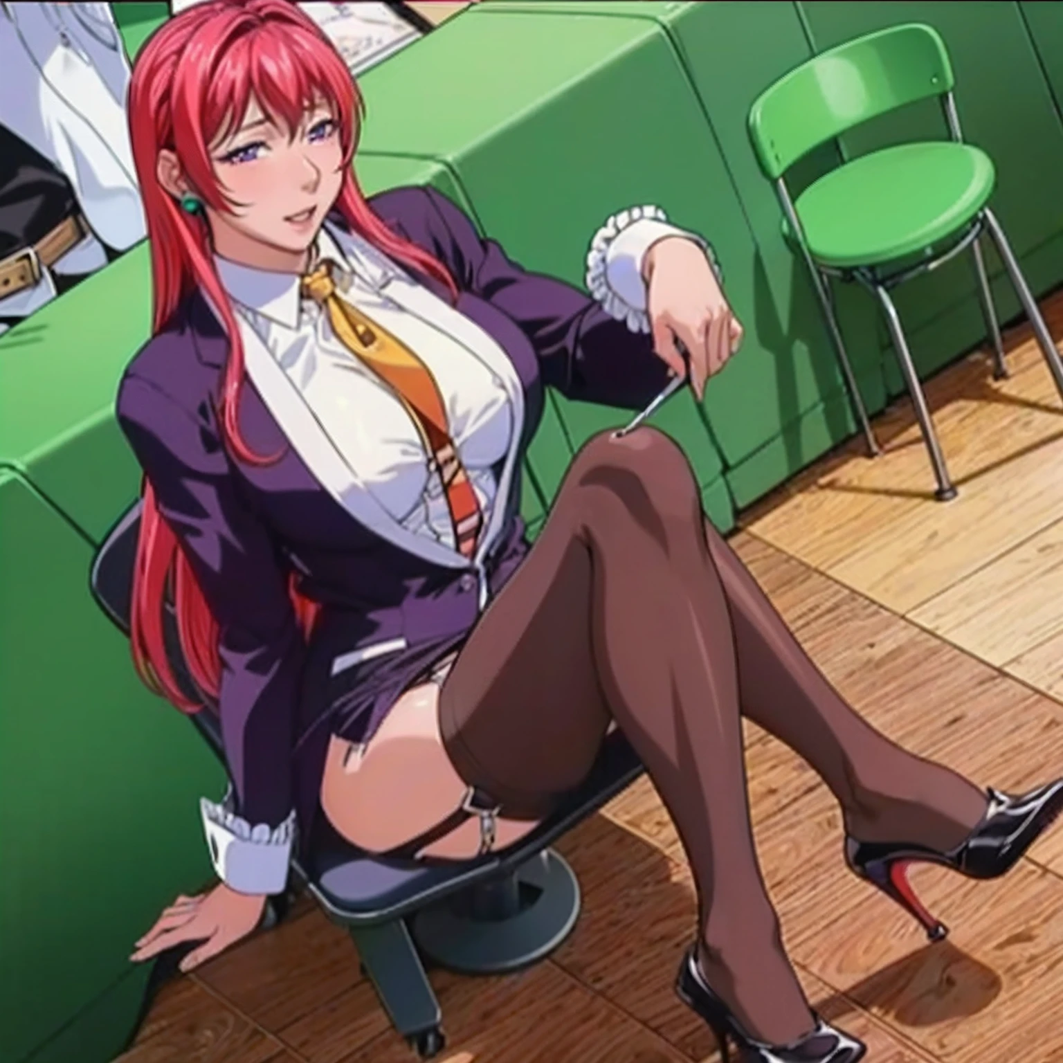(Best quality, Ultra-detailed, Anime Pictures, Game CG, art cg, Photorealistic, Movie lighting, perfect shadow, realistic lighting shaded, Unity 8k wallpaper), Hiroko Takashiro, Red hair,,Large breasts,Long hair,Mature female,(Purple eyes), Perfect eyes, Perfect face, Earrings, shirt, Jacket, black thighhigns, (purple garter belts:1.1), zettai ryouiki, pencil skirts, school uniform, high-heels, vulgarity,nose blush,view the viewer,Sexy pose,in Staff room,holding mechanical pencil,sit on chair,Spread legs,