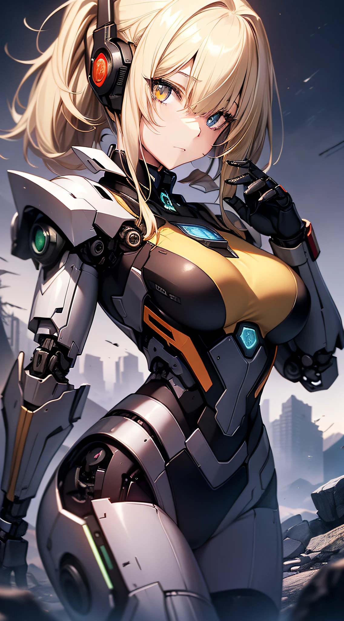 top-quality、Top image quality、​masterpiece、Mecha Girl((18year old、Black and white mechanical parts、Beautiful robotic arm,Black tights,Best Bust、Bust 100、a blond、poneyTail、Breasts wide open,You can see a large valley、Stay close to your audience、Goldeye、Dye cheeks、Strong eye power、gazing at viewer、black head、Armament preparation)）hiquality、visualart、Background with((World of the Apocalypse、Black sky、))、Depth((Android Legion))