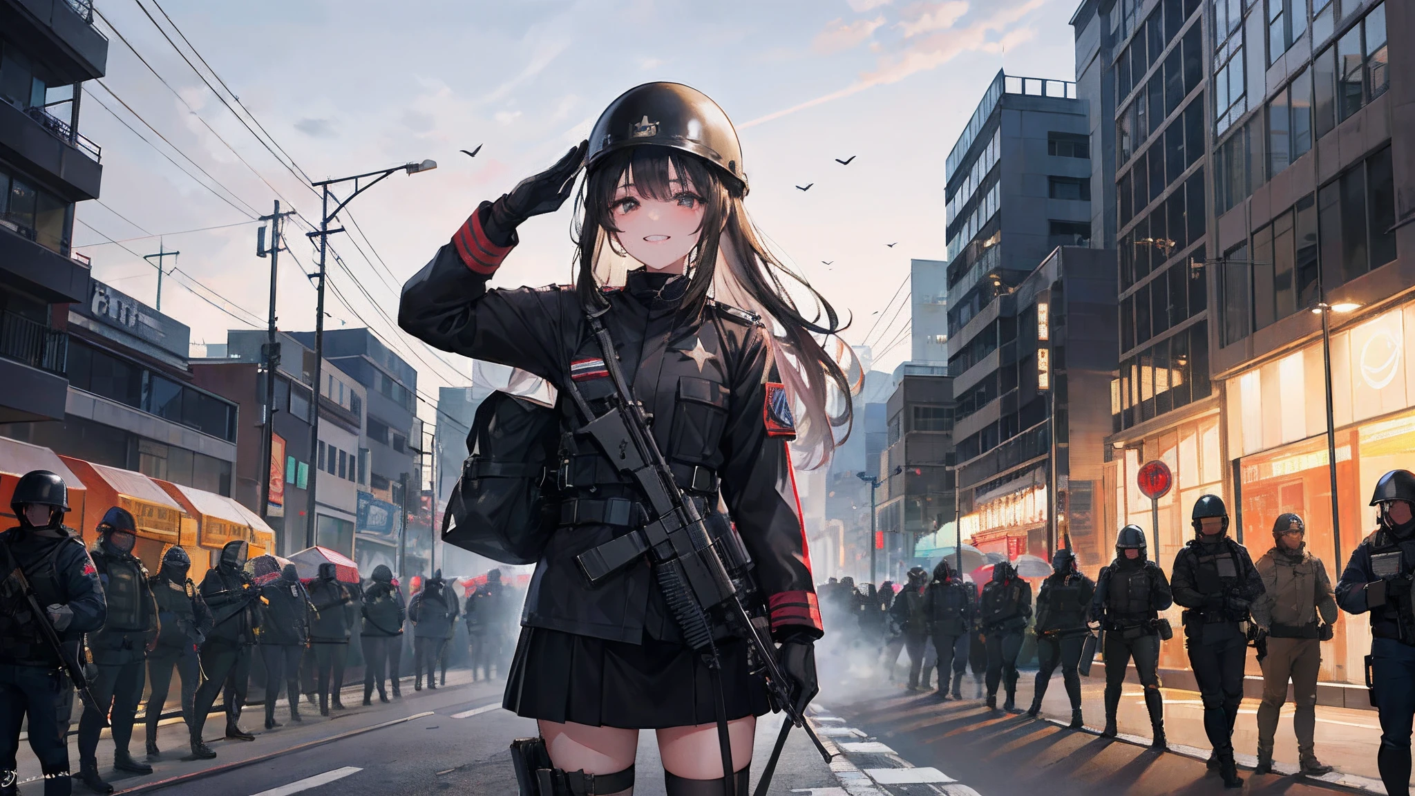 A girl in military uniform，Rifle in hand，grinning smile，Shy，Warm street lights，down town，Superskirt，Saluting，Wear a steel helmet，The steel helmet has a solid red five-pointed star，Long legs are exposed，Shooting stars dart across the sky，Behind the riot police confronted the marching crowd，SWAT officers all wear face coverings，The girls' hair is all black，The Milky Way is in the sky，The girl had bayonets on her gun