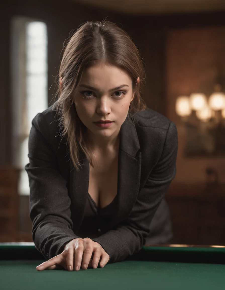 In a captivating half-body portrayal, we are introduced to a realistic 20-year-old woman, exuding confidence and focus as she engages in her passion for billiards. Bathed in the ethereal glow of natural light, the image, captured with the renowned Sony A7RIV, showcases the intricate details of her poised stance and determined expression. Dressed in attire that reflects her connection to the game, she stands before the billiards table, her body language poised and purposeful. The soft rays of natural light cast a warm glow upon her, accentuating the strength and resilience that emanate from within. With eyes fixed on the table, she expertly calculates angles and trajectories, her hands steady and precise as she lines up her next shot. The interplay of light and shadow adds depth to the image, capturing the intensity and concentration that define her game. This portrayal serves as a testament to the skill and dedication of female billiards players, highlighting their ability to navigate a traditionally male-dominated sport with finesse and prowess. The natural light, captured through the lens of the Sony A7RIV, elevates the authenticity of the image, bringing to life the subtle nuances of her expression and the vibrant colors of the billiards table. In this portrayal, we witness a woman who defies expectations, showcasing her talent and passion for billiards through her half-body representation. Through her poised stance and unwavering focus, we glimpse the determination and resilience required to excel in a game that demands precision and concentration. This image serves as a tribute to the countless female billiards players who continue to break barriers, inspiring future generations to pursue their passions without limits.