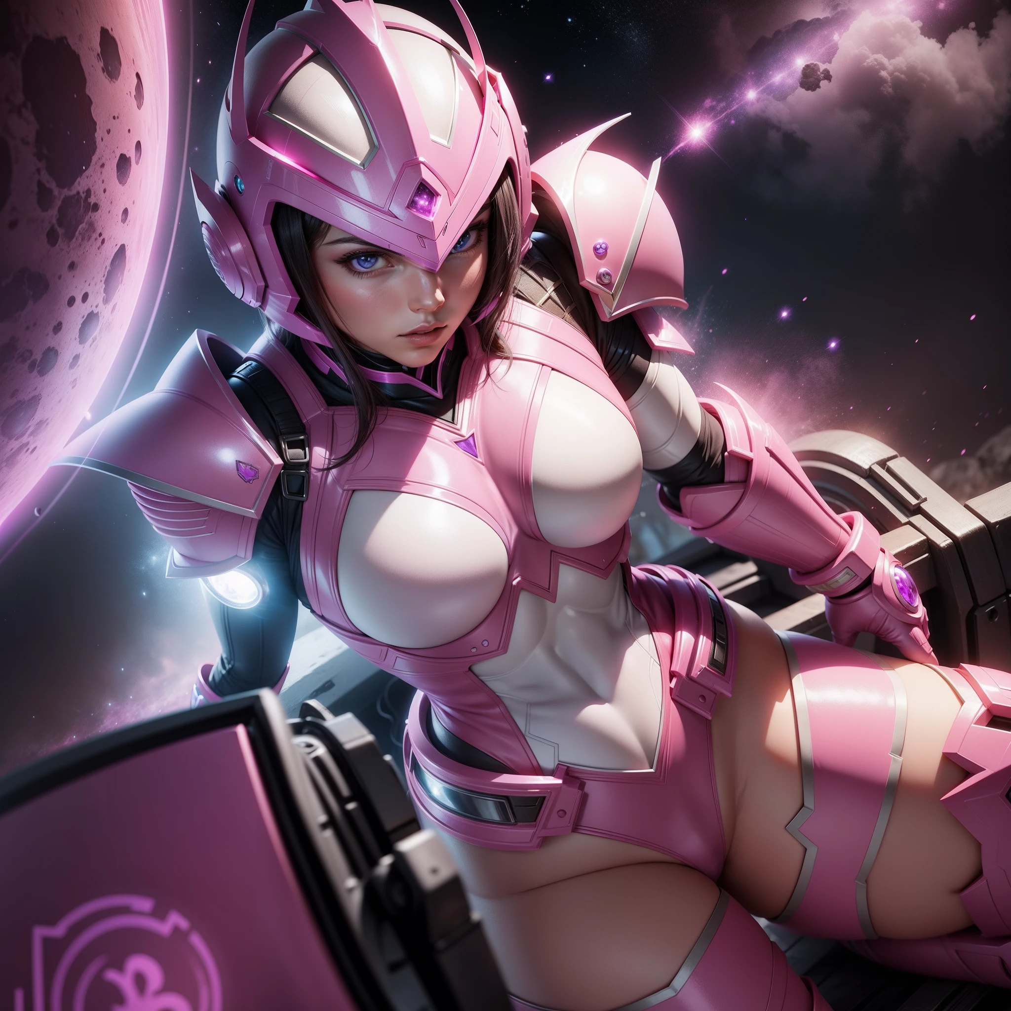 Pink power ranger, moon detail armor, purple galaxy, cinematic, hyper detailed, high quality, global light