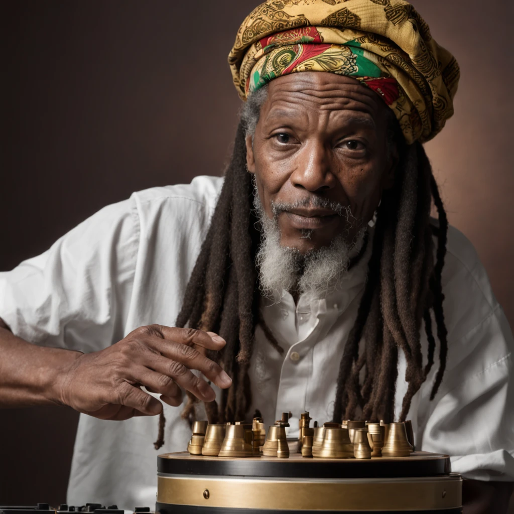 Rastafari Oldman playing a hyper detailed bongo with Rastafari symbols with gold Rastafari accessories on his white dreadlocks, fotografia, soft-lighting, detalhes suaves, octana, Artstation Trend, ultra alto detalhe, Ultra realista, cinemactic, 16k, Imagem com pelo menos 300dpi, fundo preto, lighting to highlight the background figure