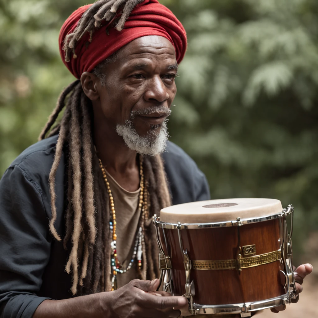 Rastafari Oldman playing a hyper detailed bongo with Rastafari symbols with gold Rastafari accessories on his white dreadlocks, fotografia, soft-lighting, detalhes suaves, octana, Artstation Trend, ultra alto detalhe, Ultra realista, cinemactic, 16k, Imagem com pelo menos 300dpi, fundo preto, lighting to highlight the background figure