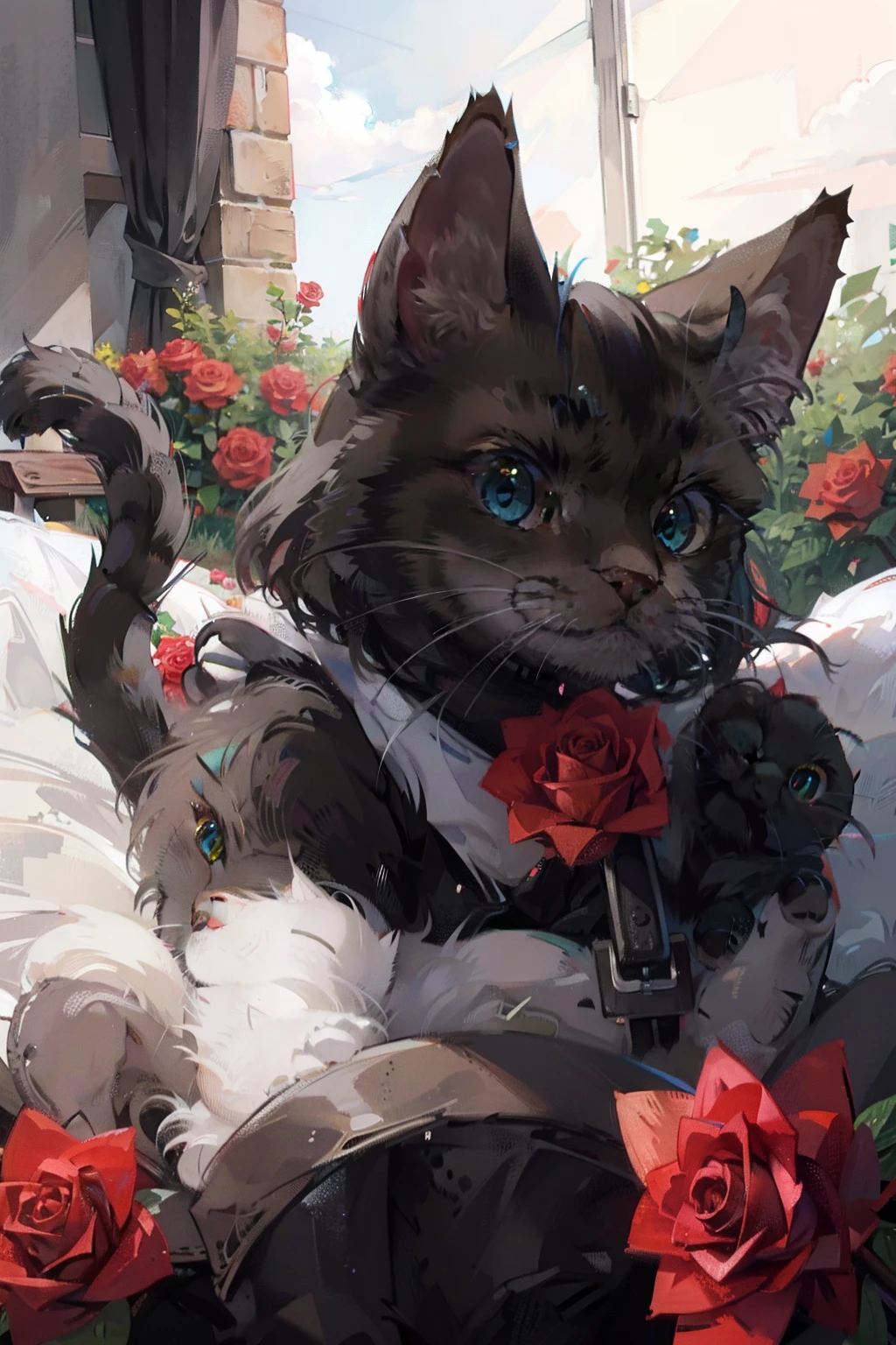 a cute black cat that has a rose in it's mouth in a rose field