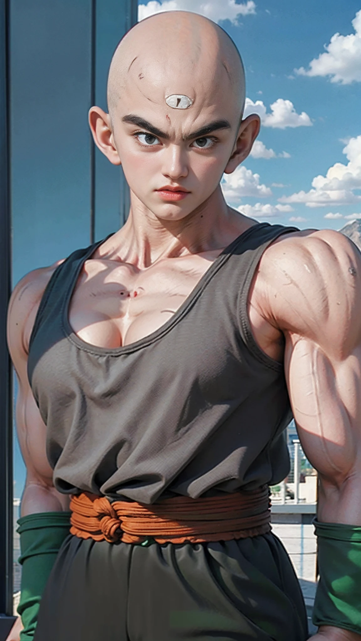 ((masterpiece:1.4, best quality)), ((masterpiece, best quality,8K)), (photo realistic:1.4), (tien, third eye, bald, black eyes, male, tank top, muscle male,), (rocky ground, rocky mountain, sky), professional lighting, physically-based rendering