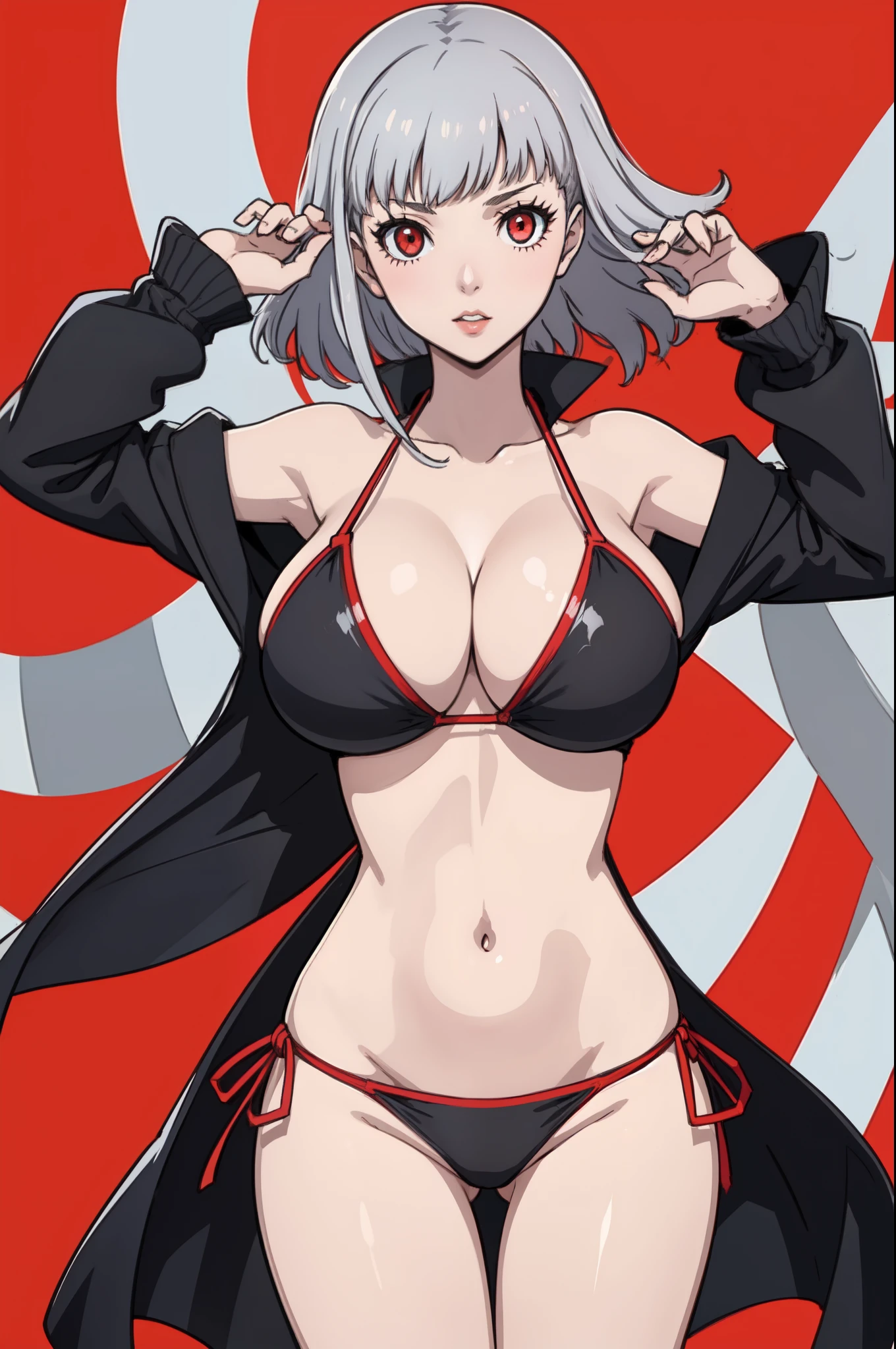 (masterpiece, best quality), 1girl, gigantic_breasts, red background, pose, silver hair, tight bikini, in the style of persona 5,