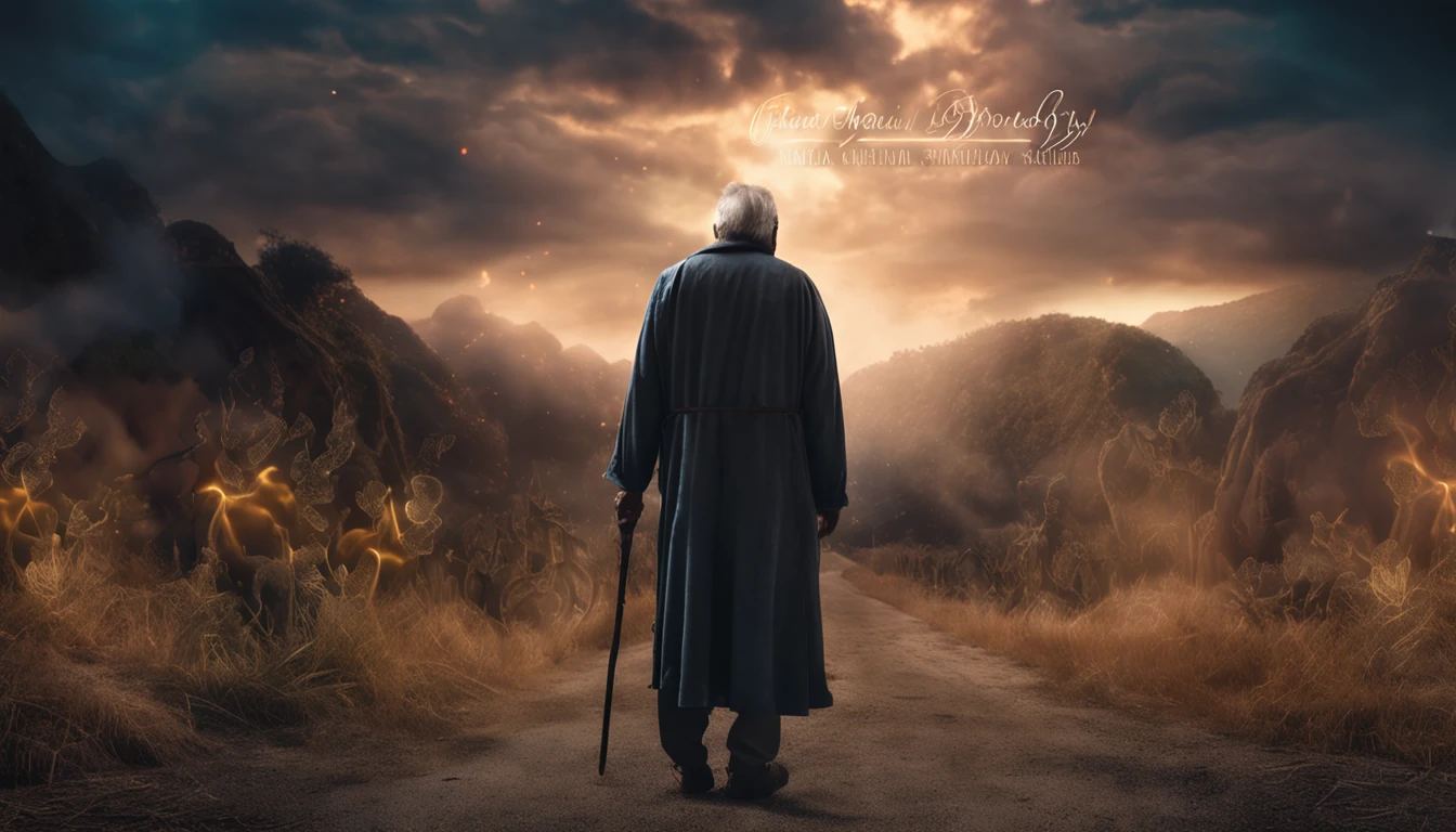 (Biblical times) ao (On the left side of the image is an old man holding a luminous book in his hands) ao (On the right side of the image there is a scary demon) (Biblical times) profundidade de campo, Bokeh, Realismo, fotorrealista, hiper-Realismo, fotografia profissional, 8k UHD , DSLR, HDR , piece of master, melhor qualidade, filme granulado, Pintura fotorrealista, Fujifilm XT3