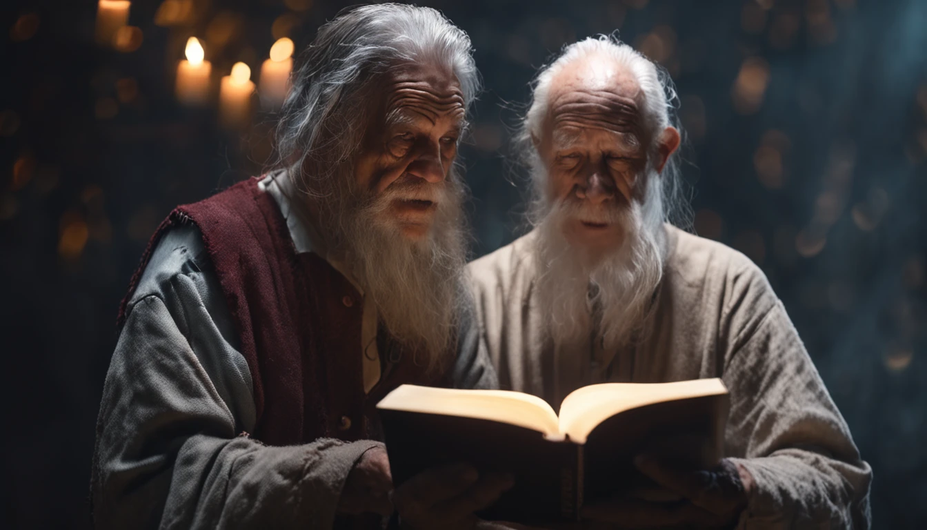 (Biblical times) ao (On the left side of the image is an old man holding a luminous book in his hands) ao (On the right side of the image there is a scary demon) (Biblical times) profundidade de campo, Bokeh, Realismo, fotorrealista, hiper-Realismo, fotografia profissional, 8k UHD , DSLR, HDR , piece of master, melhor qualidade, filme granulado, Pintura fotorrealista, Fujifilm XT3