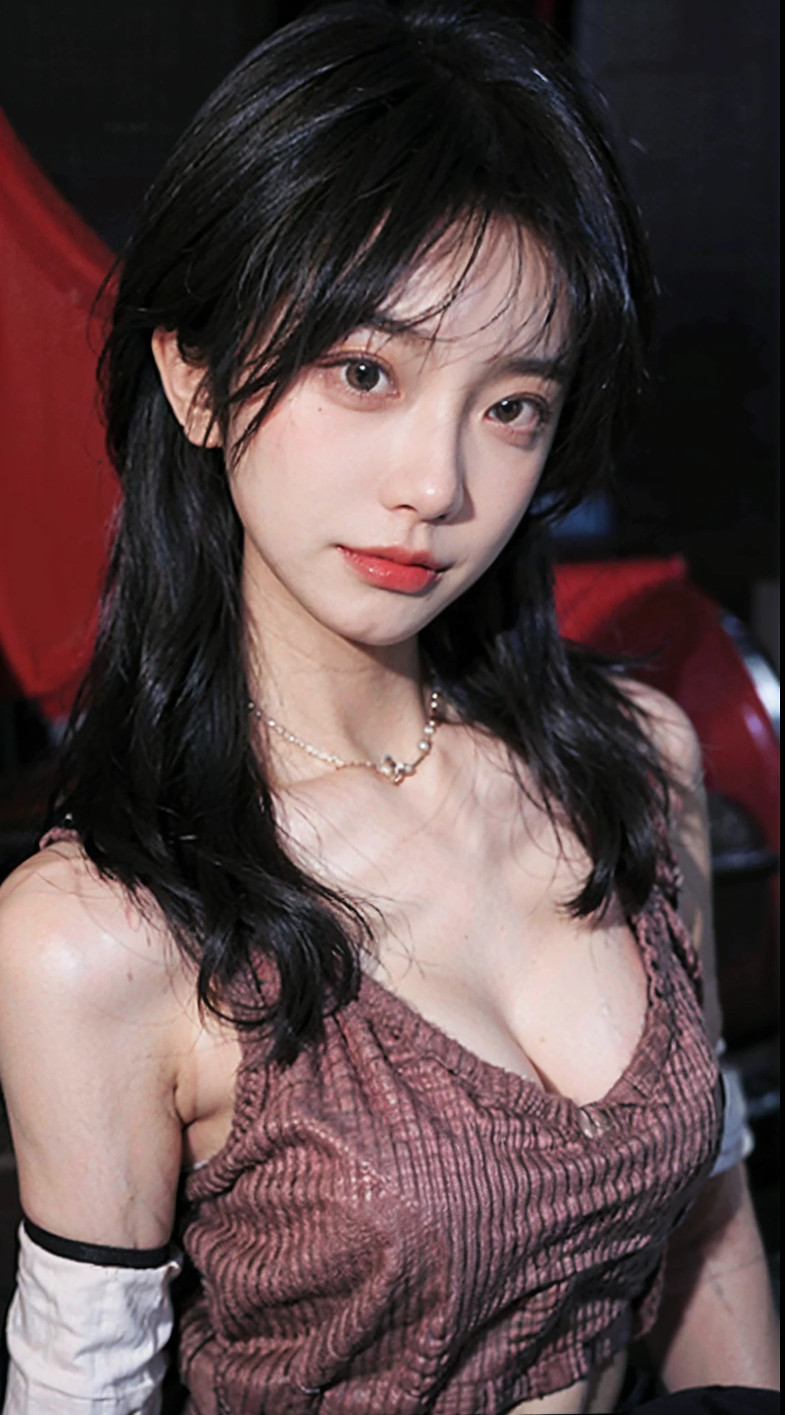 best qualtiy， 超高分辨率， （realisticlying：1.4），Baoyu Girl，1girll, with long coiled hair，Blushlush，Looking into the distance，nedium breasts，Cropped red sweater，a sense of atmosphere，Beautiful woman with a slim figure:1.4, Abs，Ultra-fine face，Elaborate Eyes，二重まぶた，choker necklace