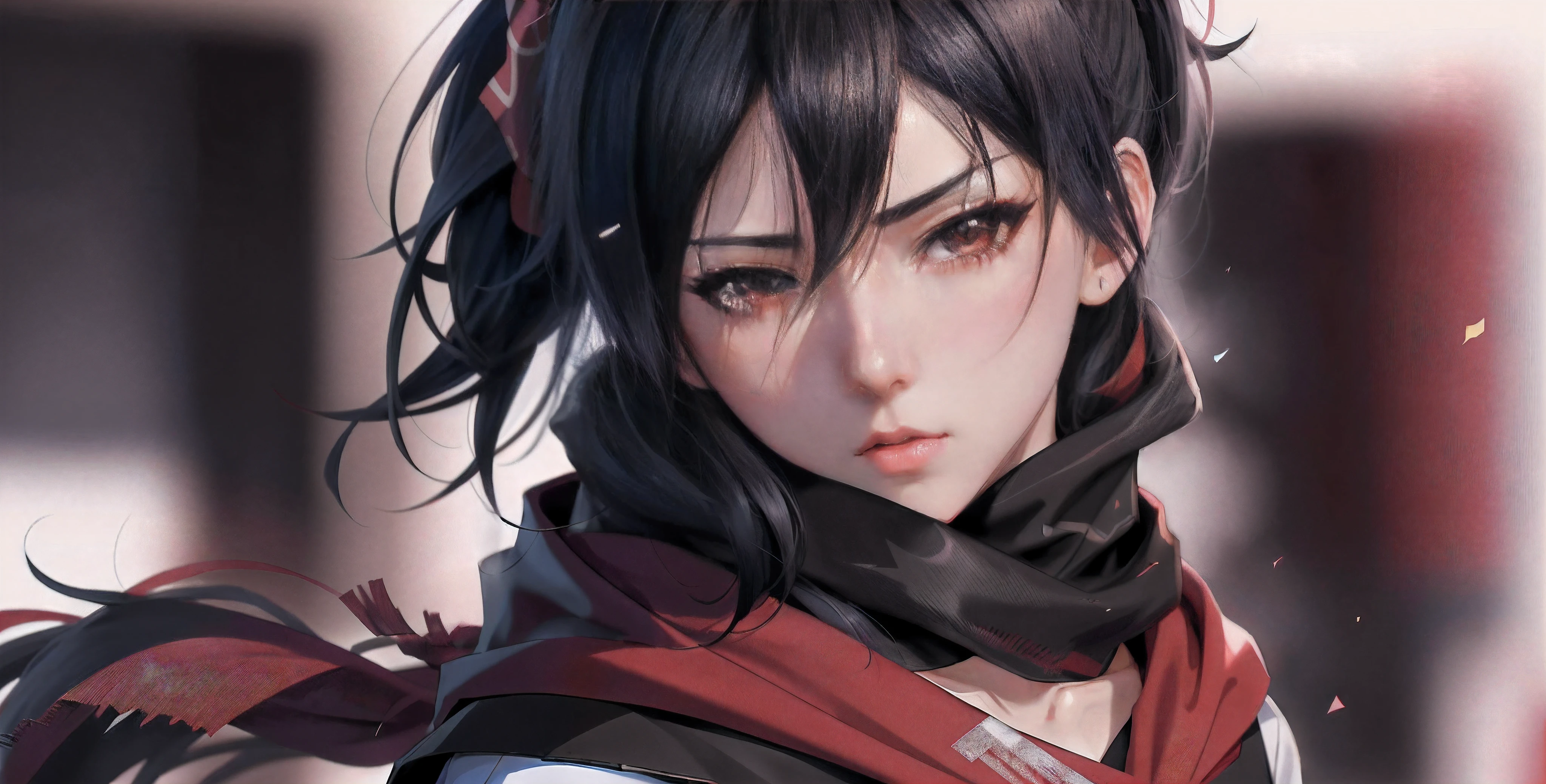 Anime girl with black hair and red scarf looking at camera, 4 k manga wallpaper, Estilo anime 4K, papel de parede anime 4k, badass anime 8 k, retrato impressionante do rosto do anime, Anime Art Wallpaper 4K, Anime Art Wallpaper 4K, 4k anime wallpapers, 4k anime wallpapers, Anime Art Wallpaper 8K, Artgerm 4K