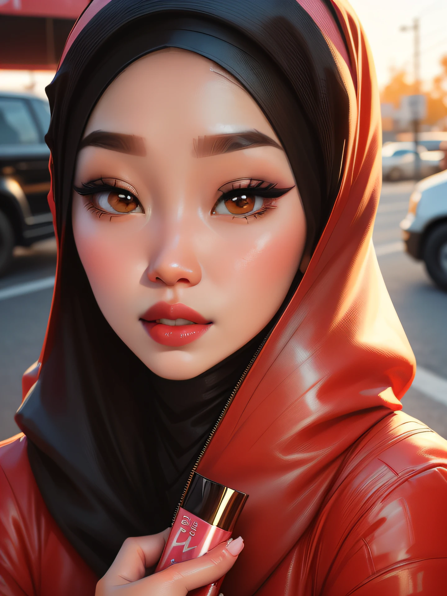 a close up of a woman holding a lipstick and a lipstick case, popular south korean makeup, popular korean makeup, hijab, ulzzang, hana alisa omer, makeup, clear lips and high quality, with professional makeup, ruan cute vtuber, taken at golden hour, inspired by Kim Jeong-hui, 🕹️ 😎 🔫 🤖 🚬