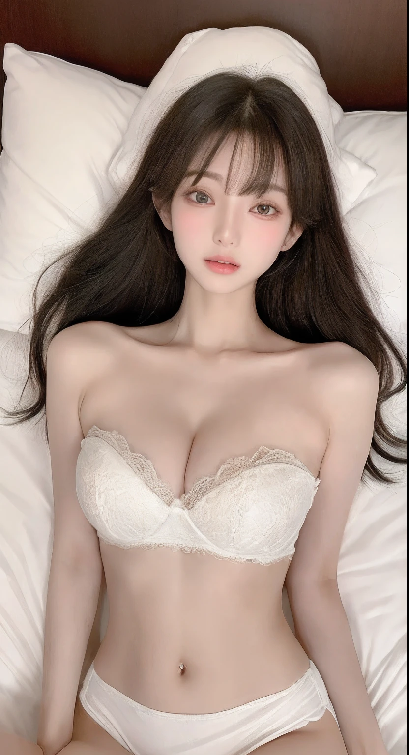 perfect figure beautiful woman:1.4,Layered Hair Style,Protruding cleavage:1.2,Tight bandeau,Highly Detailed Face and Skin Textur,Narrow eyes,二重まぶた,Whitens the skin,long whitr hair,Lie down in bed,Brown areola,Protruding ,The genitals are hairless。