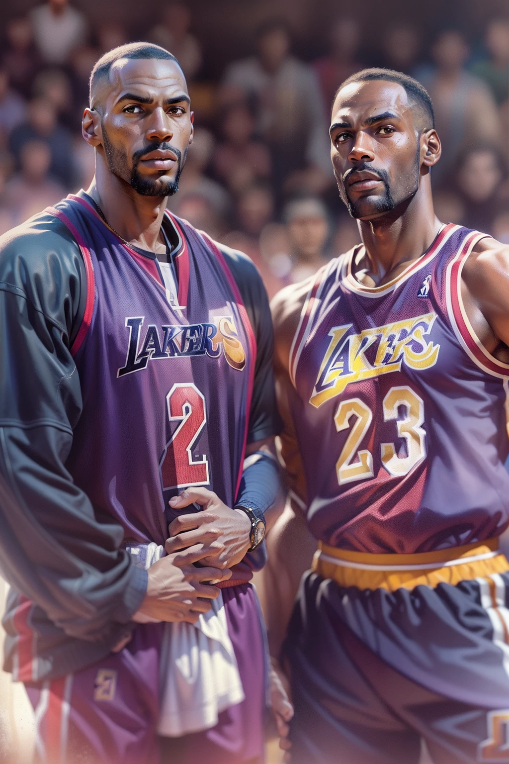 Portrait of Michael Jordan, LeBron James, Kareem Abdul-Jabbar, Wilt Chamberlain Magic Johnson, Cover book, the watercolor style, Film photography, analogue photography, filmgrain, Extreme detail, 4K, Ultra HD