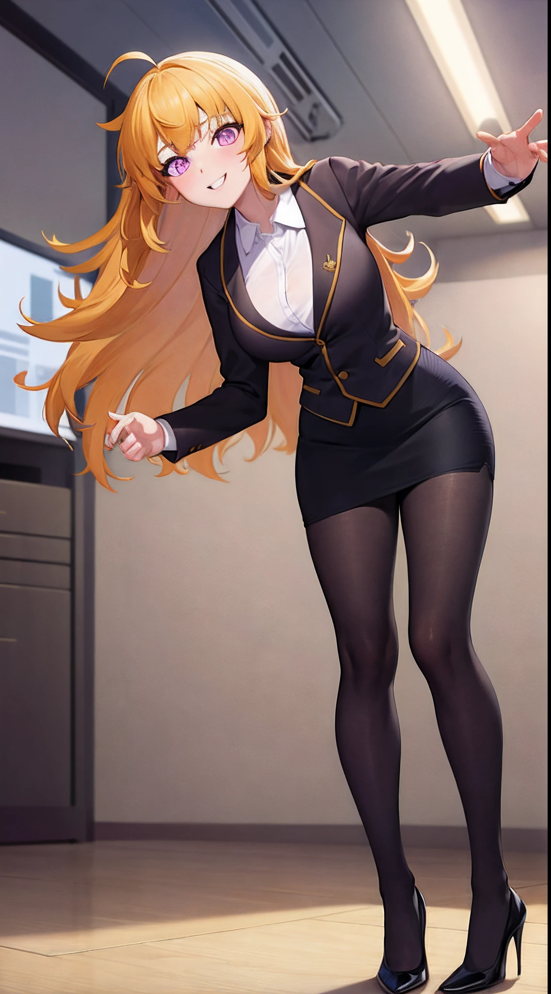 masterpiece, best quality, 1girl, yang xiao long, smile, ahoge purple eyes, business suit, blazer, pencil skirt, high heels, full body, indoors, office