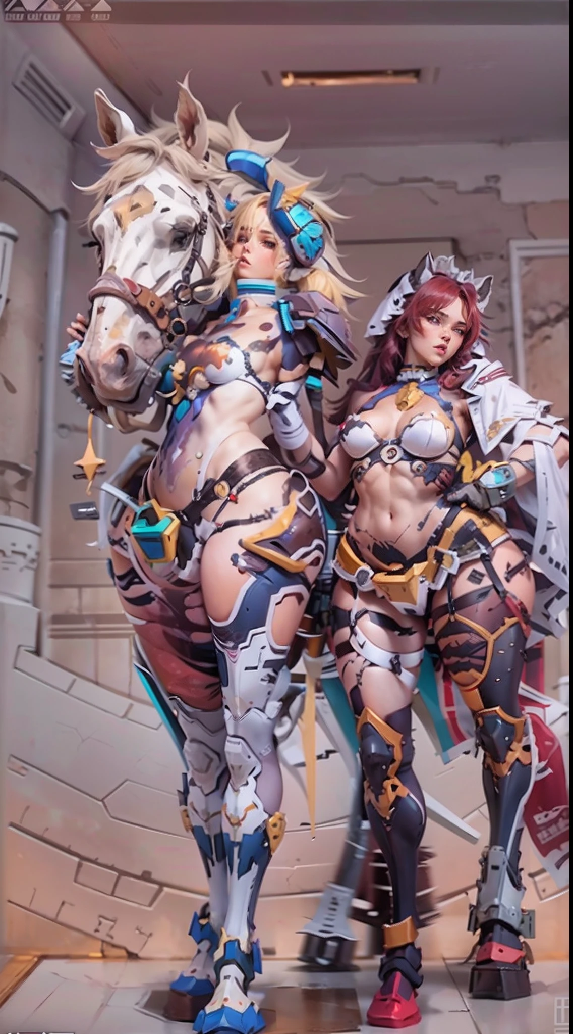 (A female centaur:1.5),She is both(Female: Centaur, half human, half horse, half horse, half horse:1.5),It is also a female Yingzhao。She blends both images,The first is:((The head of the horse/neck/Shoulder these parts,Replaced with a beautiful female human upper body):9.9),'s(Female, half-centaur, half-human, half-horse, half-human:1.5),The second is:((The head of the horse/neck/lower back/hason/gluteal/Shijo Thigh Female Embodiment):9.9),'s(Seamless chimera of a female half-horse with a beauty:9.9),(It's like a chimera of a female human and a half-horse costume:9.9),This chimerism is based on a strong future(Technologie:1.5)above。The ultra-wide-angle lens captures the image of her beautiful and ethereal wings on the ionosphere launching a super-high-speed charge and leaping。Her front half is distinctly feminine,Tall sexy body,possessed(K cup giant coconut tit chest:9.9),Has(Narrowed small brute waist 5.5)、Butterfly cross、(Long legs:9.9),The embedded interface of the bent female metamorphosis part of the back half of the body is at the hip position of the front half of the body。(The horse-shaped, half-horse torso form of her back body is completely female humanization9.9)。Translucent fluid flowing from the(Narrowed sternum 5.5)The upper end begins to embed the chest cavity of a woman in the shape of a bent dog style at the back of the beautiful woman's body/lower back/Ventral transverse。Then there are the sexy beauty's upright hips,(Her entire body has been completely female and replaced by a female body:9.9),Including the half-horse part。Mechanized armor covers the legs with knee-shaped anti-joints and feet,And these parts are highly anthropomorphic,This makes her legs graceful and slender,Her four horse legs exploded in length proportions and was slender and toned,Under the legs are skinny white feet dressed in Skyscraper Heels,Use Midjourney's advanced stroke tools and color palettes, as well as texture packs, model packs, and texture tools,Concentration,Include