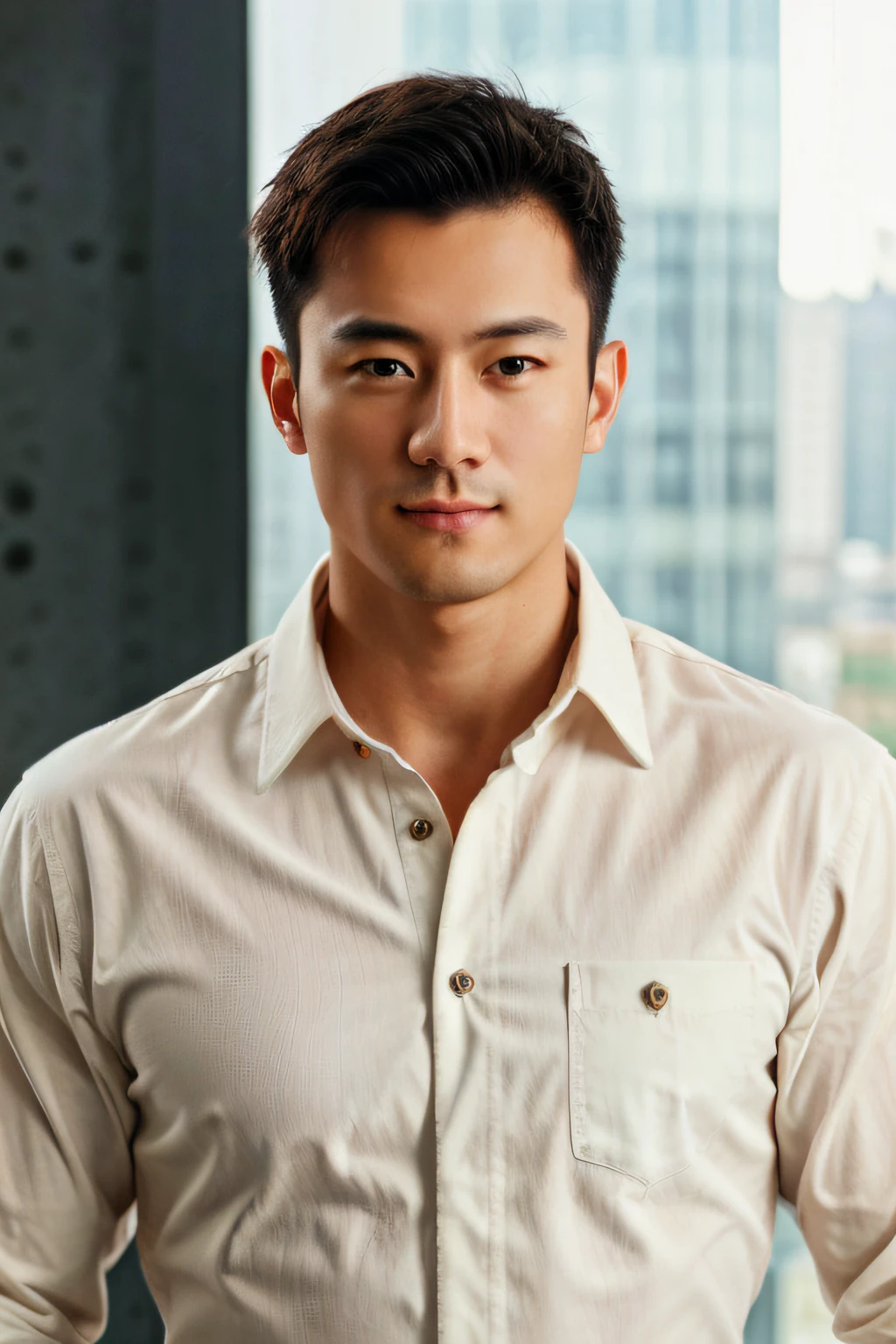 1man,Front view,Look into the camera,A 30-year-old muscular man,Wear a long-sleeved white shirt and tie,Upper body,gentlesoftlighting,tmasterpiece,best qualtiy,8K UHD,digital SLR camera,filmgrain,Realistic painting art