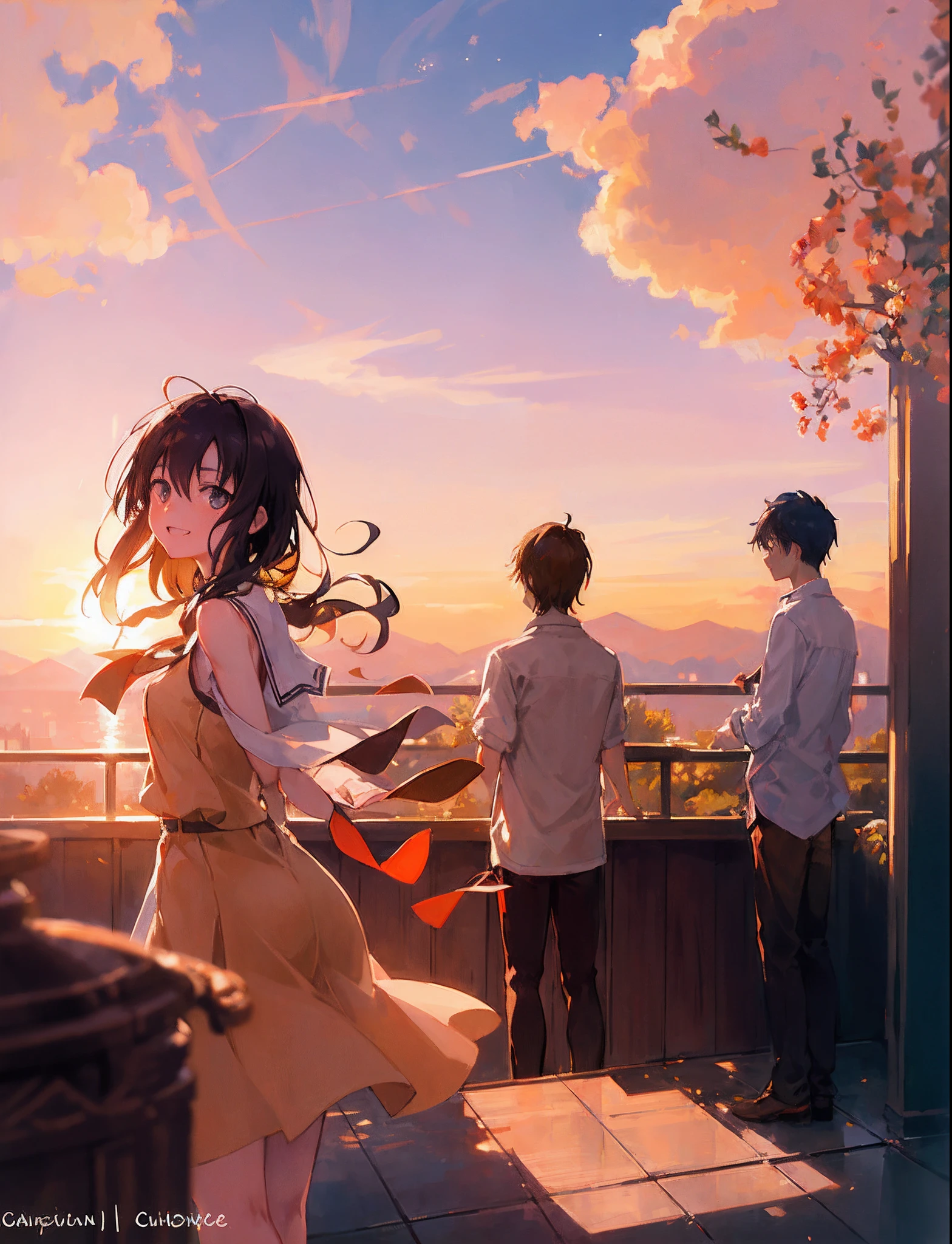 Create an exquisite illustration reminiscent of Makoto Shinkai's style, characterized by its superfine detail and top-tier quality.　Create a captivating illustration that encapsulates the essence of nostalgia and fantasy as a group of students gather on the rooftop of their school, all wearing smiles as they gaze at the mesmerizing sunset. The sun hangs low in the sky, casting a warm, golden glow that bathes the entire scene in a dreamlike atmosphere. The setting sun creates a breathtaking panorama, turning the sky into a canvas of vibrant colors - hues of orange, pink, and purple blending seamlessly. The students, with their faces lit up by the golden light, wear expressions of awe and tranquility as they take in the spectacle before them. Pay meticulous attention to detail, allowing the sunlight to dance on their joyful expressions, and the interplay of light and shadow to emphasize the textures of their surroundings. Your objective is to create an image that not only captures the serenity of the moment but also sparks the imagination, inviting viewers to join these students in their contemplative and magical experience. Through your artistic prowess, transform the rooftop into a stage for nostalgia and wonder, where the shared view of the sunset brings about a sense of camaraderie and a connection to the beauty of the fleeting moment