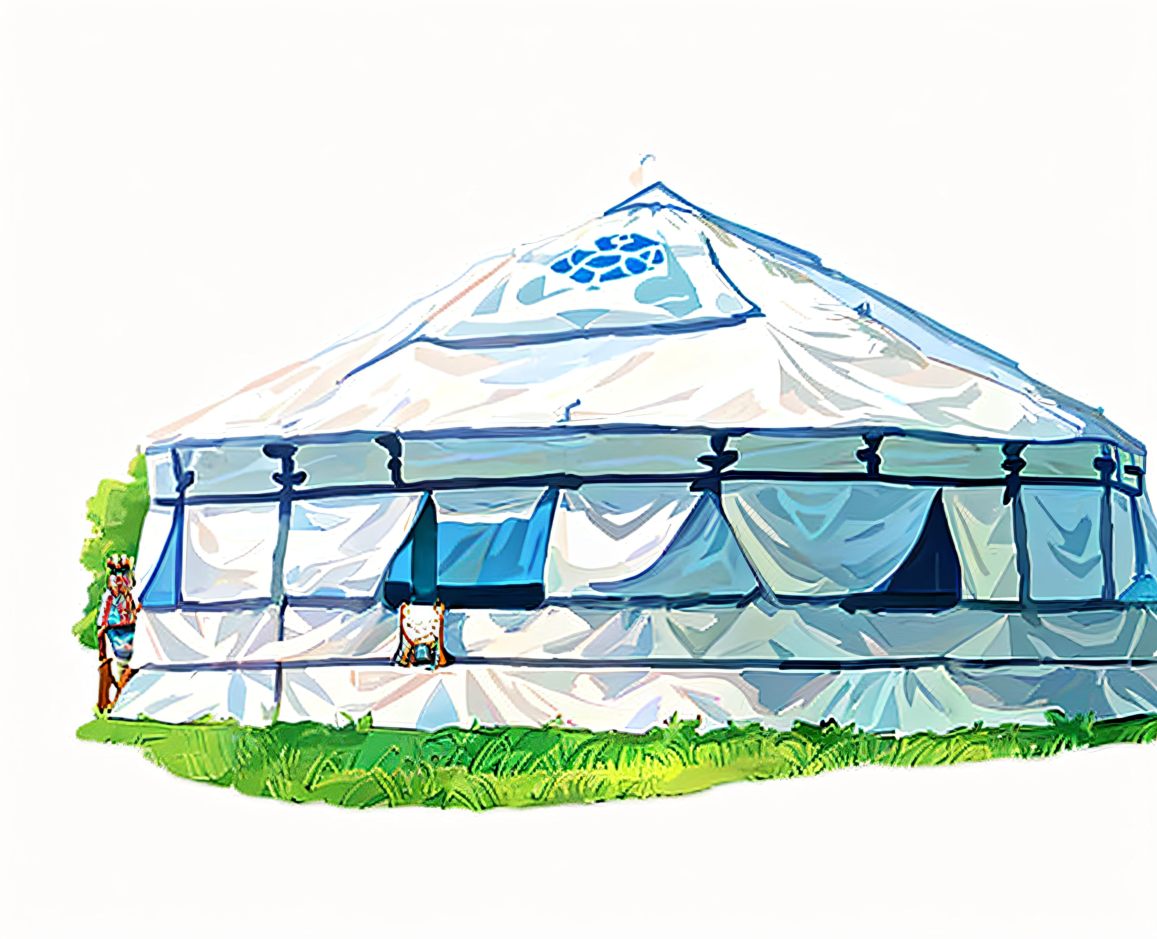 There is a white yurt，There is a blue horse and a camel on it, Tribal yurts, tenten, Mongolia, hexadome, tent architecture, w 1 0 2 4, w 1024, inuk, Kazakh, Big top circus tent, mongol, circus, Ancient sword, wonderful masterpiece, tenten, w 7 6 8