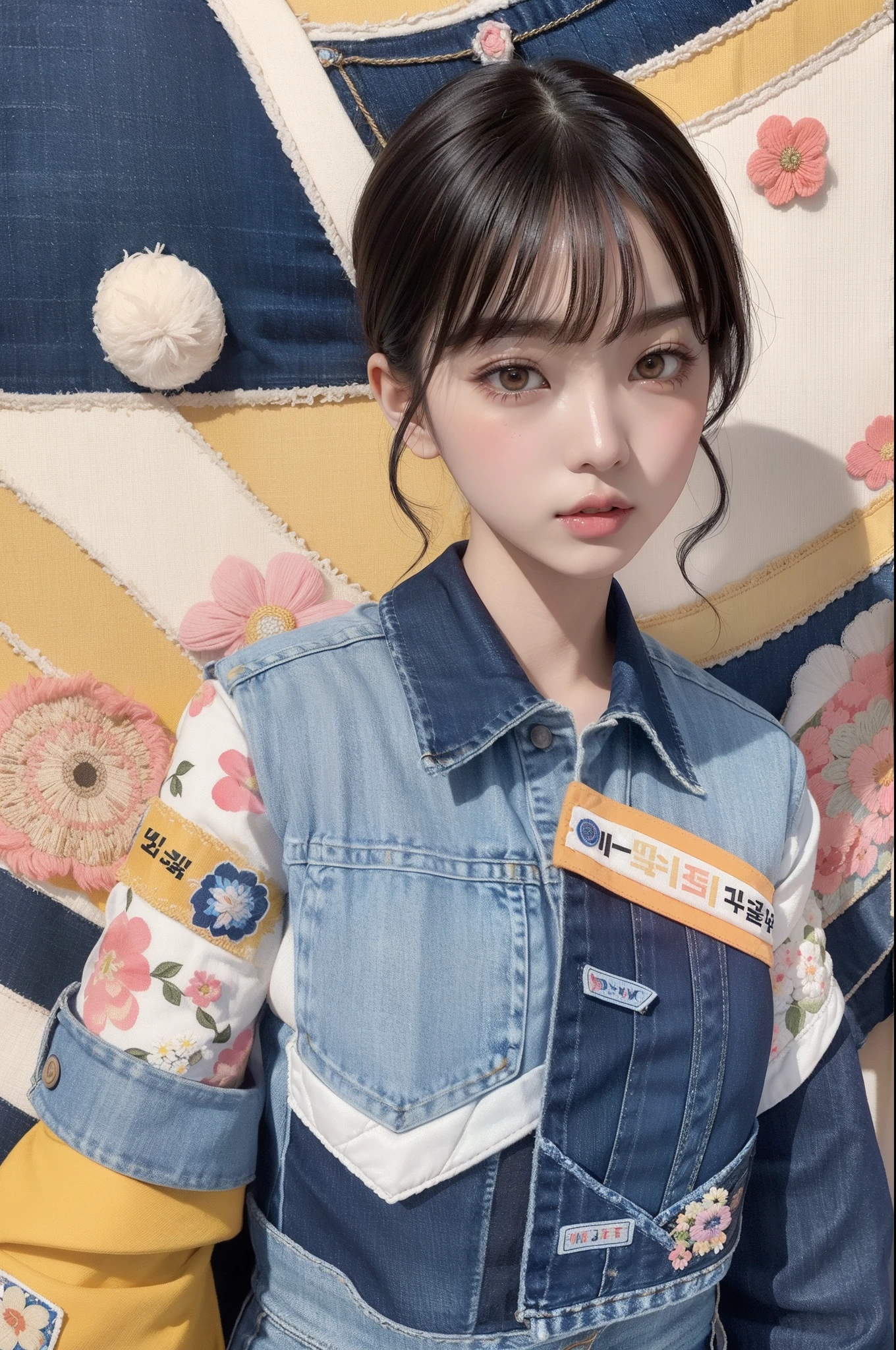 Japan beauties、25-years old、big eye、Thin eyeliner、Light orange lips、Korean Idol Makeup、Black hair、Boish shortcut、backshots、Baseball Uniforms、7000 characters on the back、denim pant、Background bokeh、（Full background of patchwork floral tapestry art:1.5),Colorful.、top-quality