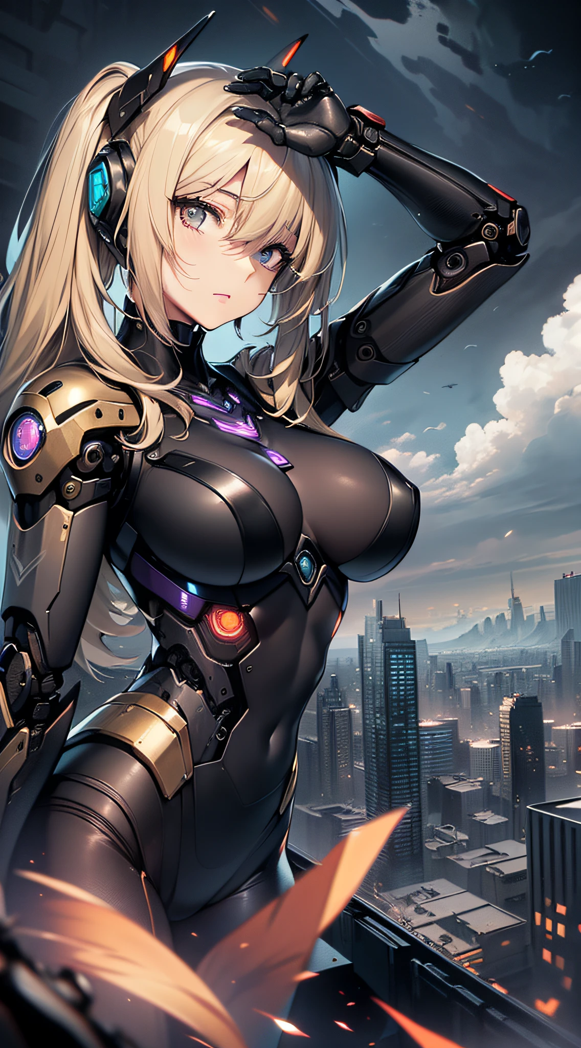 top-quality、Top image quality、​masterpiece、Mecha Girl((18year old、Black and white mechanical parts、Beautiful robotic arm,Black tights,Best Bust、Bust 100、a blond、poneyTail、Breasts wide open,You can see a large valley、、Goldeye、Dye cheeks、Strong eye power、Looking down on the viewer、black head、Armament preparation)）hiquality、visualart、Background with((World of the Apocalypse、Black sky、))、Depth((Android Legion))