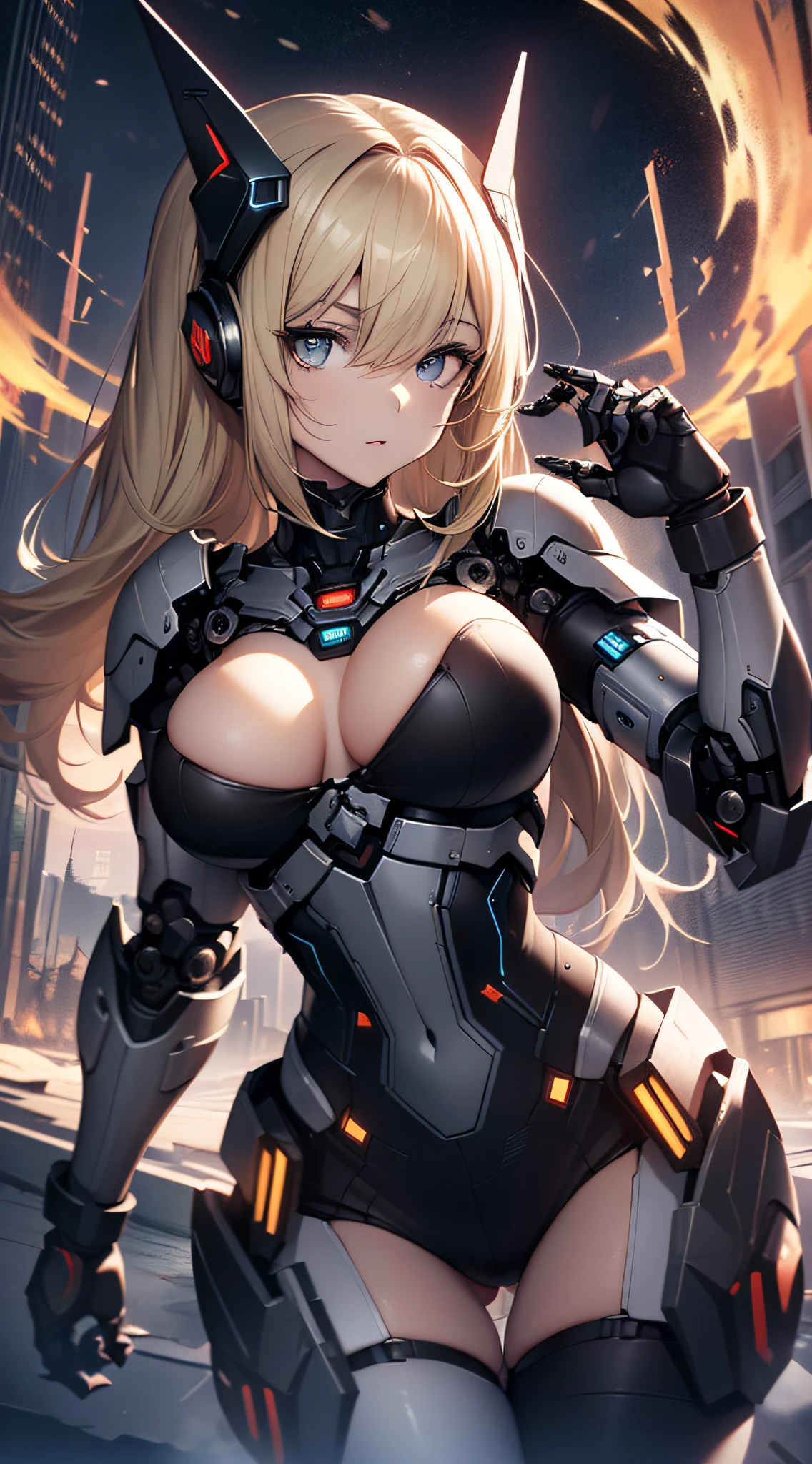 top-quality、Top image quality、masterpiece、Mecha Girl((18year old、Black and white mechanical parts、Beautiful robotic arm,Black tights,Best Bust、Bust 100、a blond、poneyTail、Breasts wide open,You can see a large valley、、Goldeye、Dye cheeks、Strong eye power、Looking down on the viewer、black head、Armament preparation))hiquality、visualart、Background with((World of the Apocalypse、Black sky、))、Depth((Android Legion))