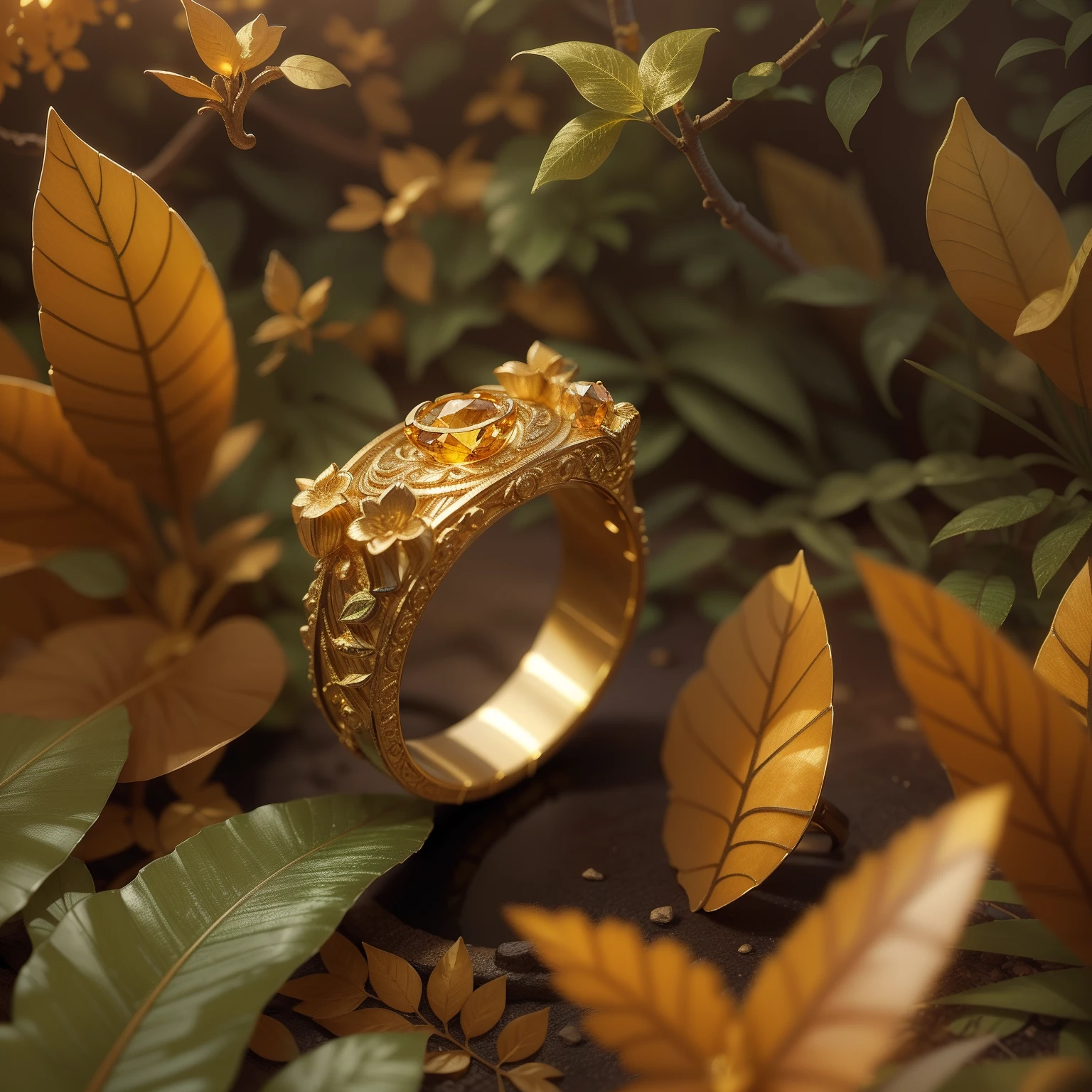 Product image of a ring, gold ring with orange stones on it, masterpiece, (very detailed CG unity 8k wallpaper), (best quality), (best illustration), (best shadow), background is Forest theme with natural elements, flowers, warm tones, surrounded by delicate leaves and branches, sunlight, (natural elements), (jungle theme), (leaves), vines, butterflies, (delicate leaves), (particles Effects), Isometric 3D, Octane Rendering, Ray Tracing, Super Detailed --v6